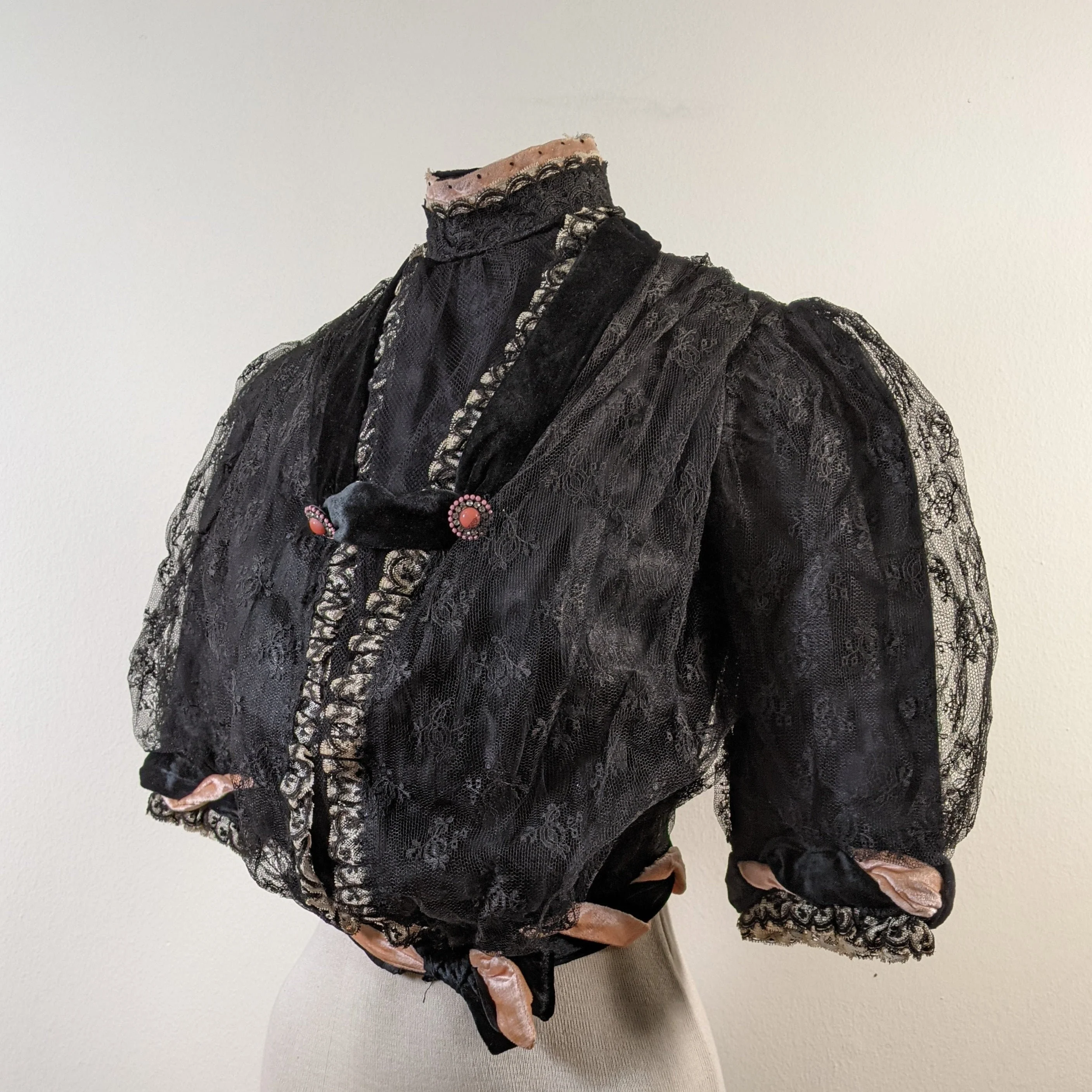 C. Edwardian Black Pink Silk Bodice Antique Clothing Edwardian Shirtwaist Blouse Historical Fashion - Image 3