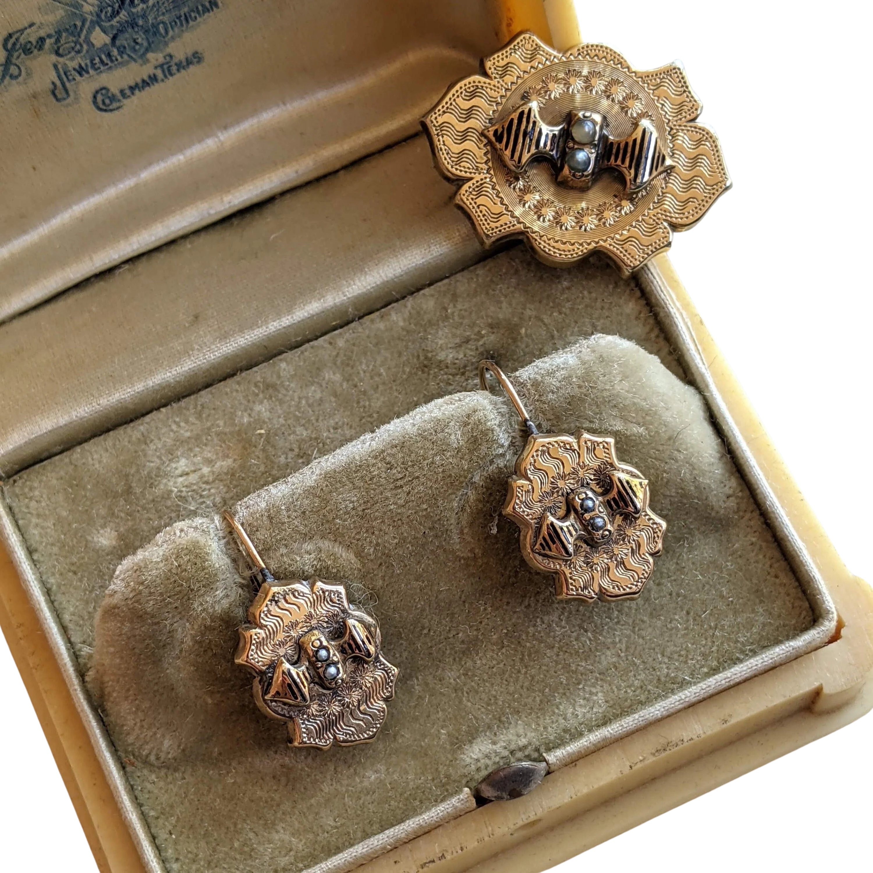 C. Victorian 9k Gold Demi Parure Earrings Brooch Antique Victorian Jewelry