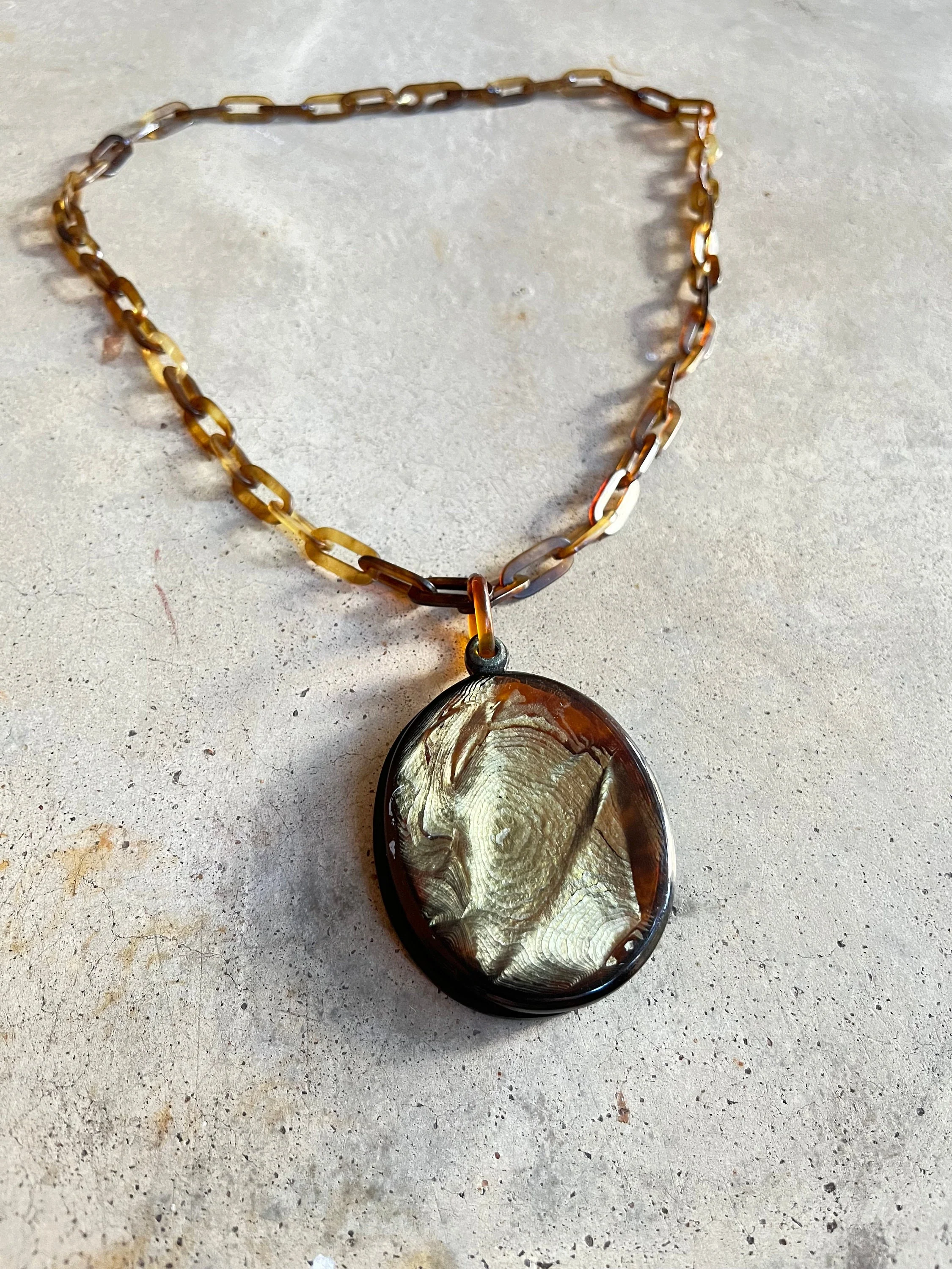 C. Victorian Faux Tortoise Shell Slide Locket Chain Antique Necklace Victorian Jewelry - Image 3