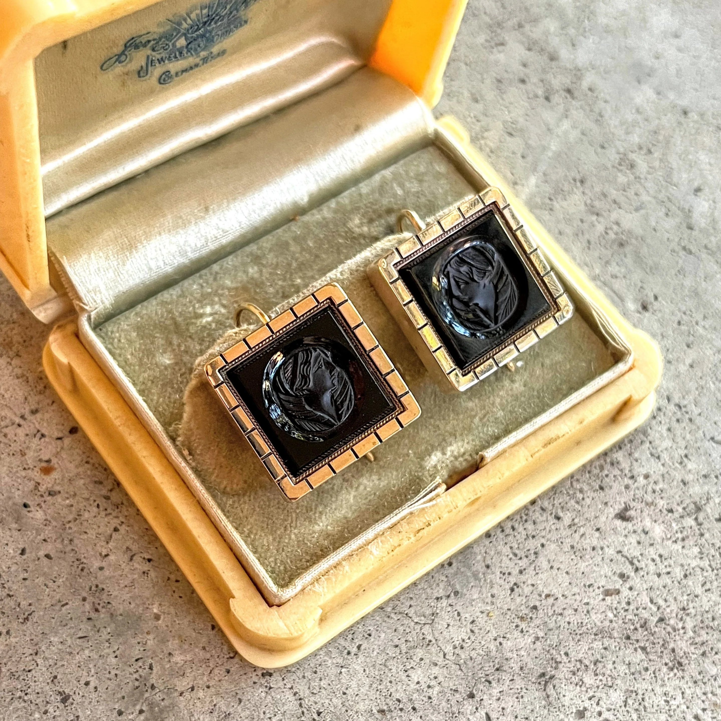 C. Victorian Gold Filled Carved Onyx Earrings Antique Victorian Jewelry - Image 2