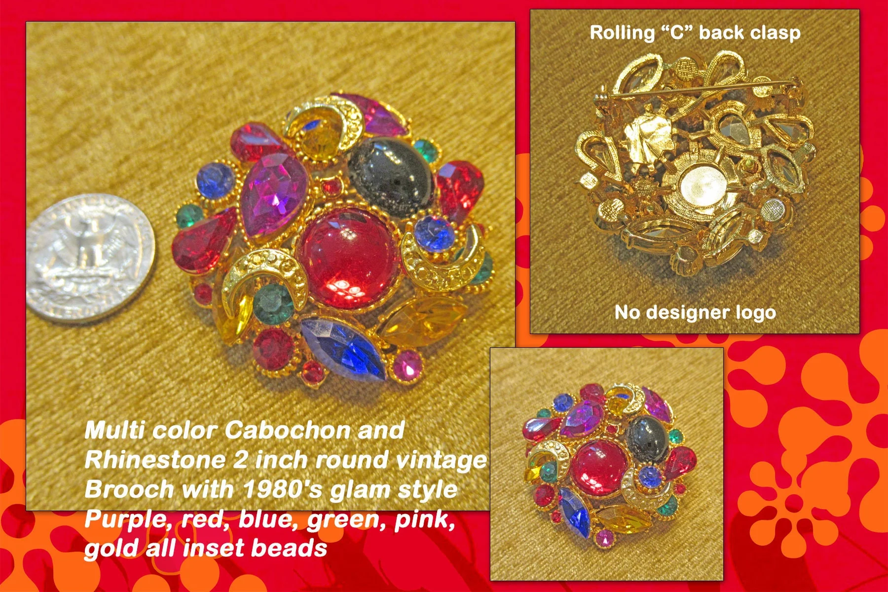 Cabochon and Rhinestone Brooch 2 Round Multicolor 80s Glam Style Purple Red Blue Green Pink Gold All Inset Beads - Image 2