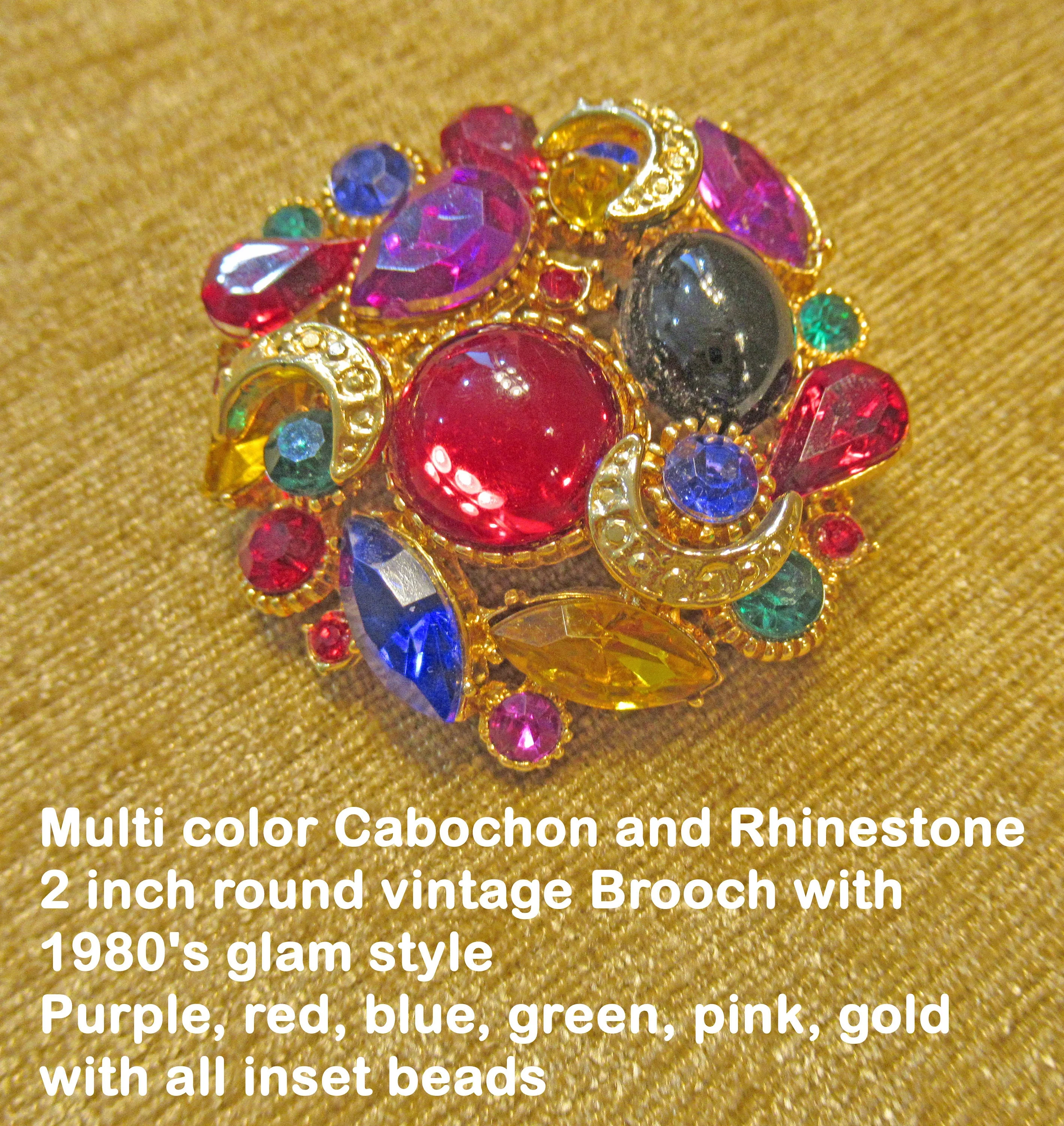 Cabochon and Rhinestone Brooch 2 Round Multicolor 80s Glam Style Purple Red Blue Green Pink Gold All Inset Beads - Image 5