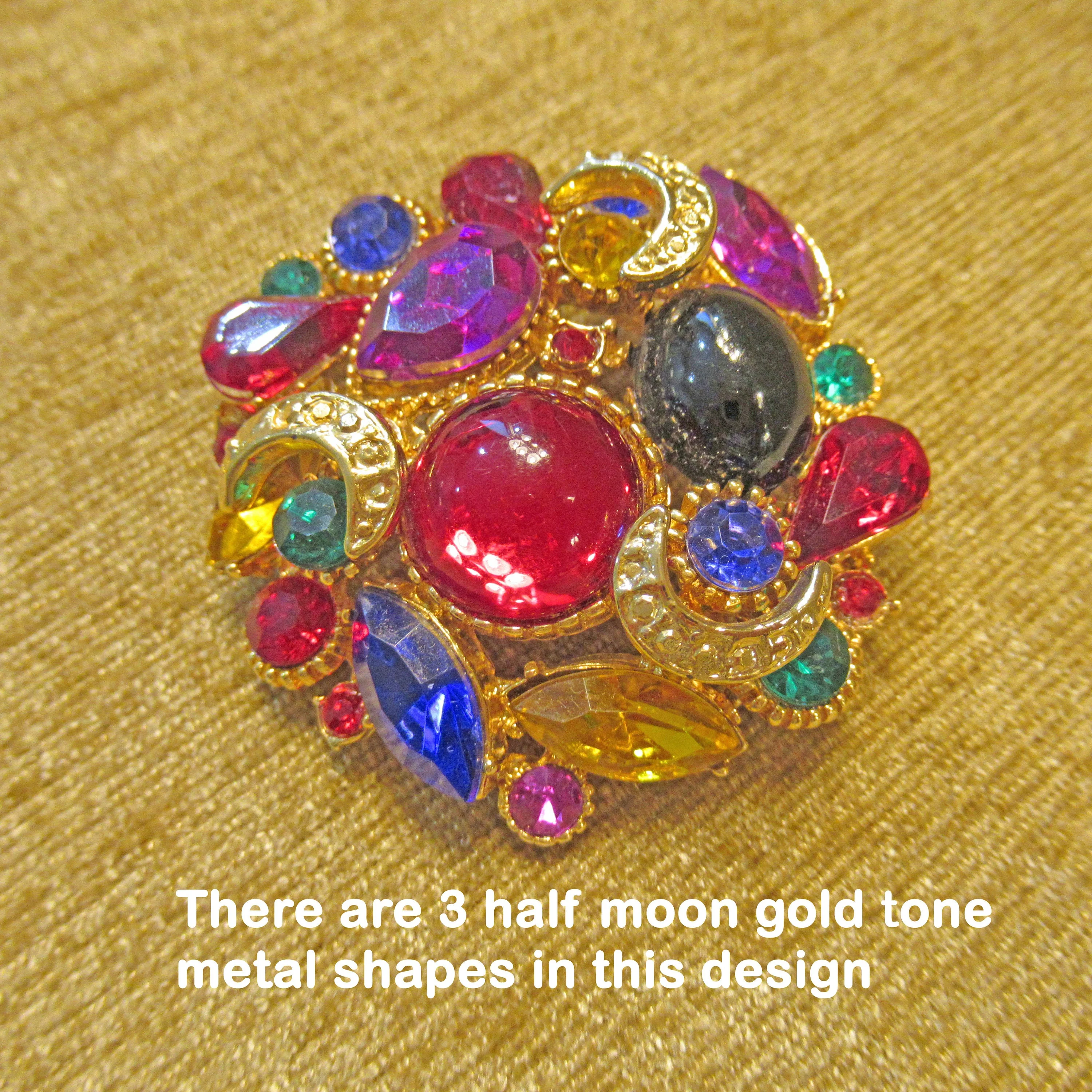 Cabochon and Rhinestone Brooch 2 Round Multicolor 80s Glam Style Purple Red Blue Green Pink Gold All Inset Beads - Image 6