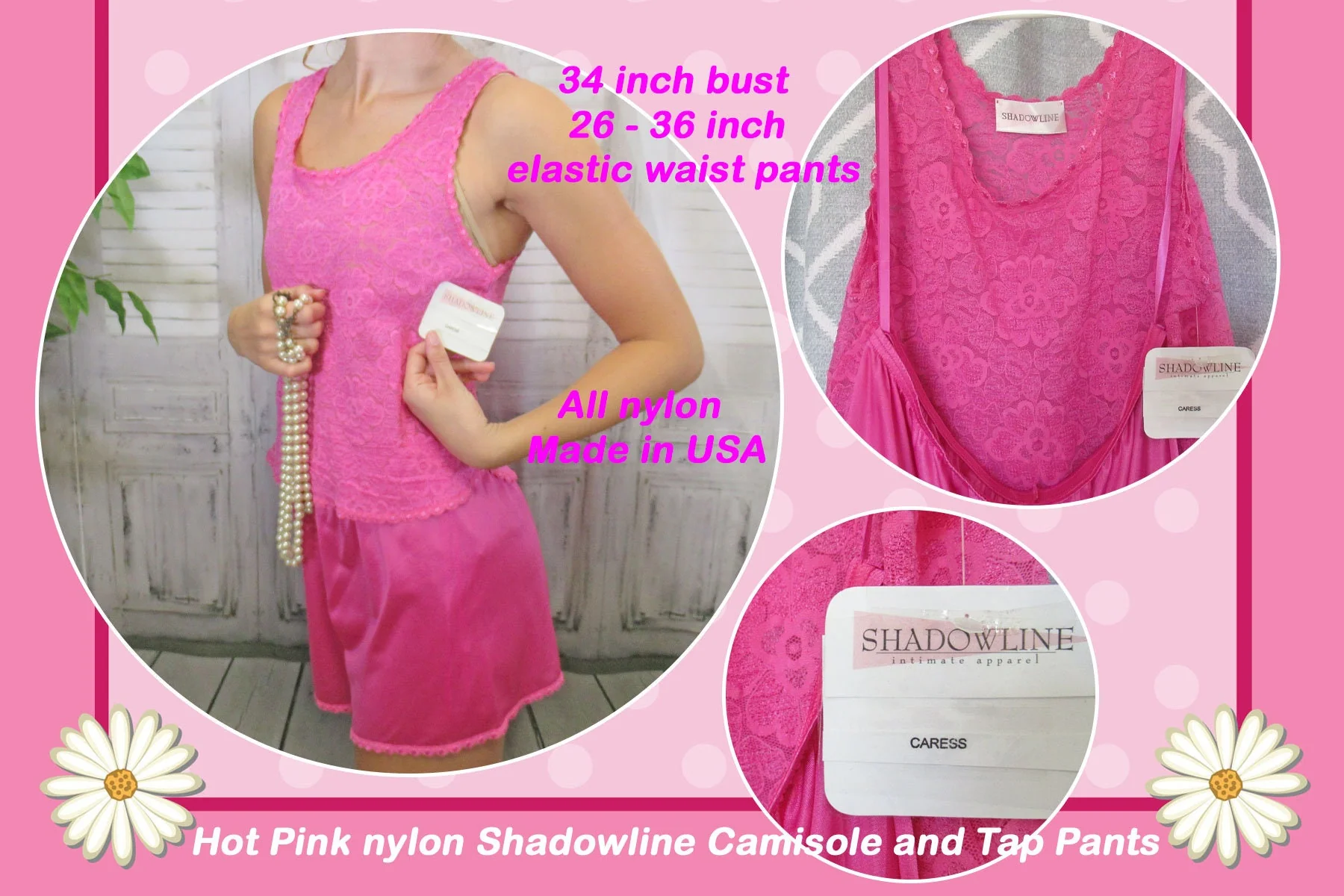 Camisole and Tap Pants Set Elastic Hot Pink Nylon Shadowline Floral Lace Top Scoop Neck by Shadowline - Image 6