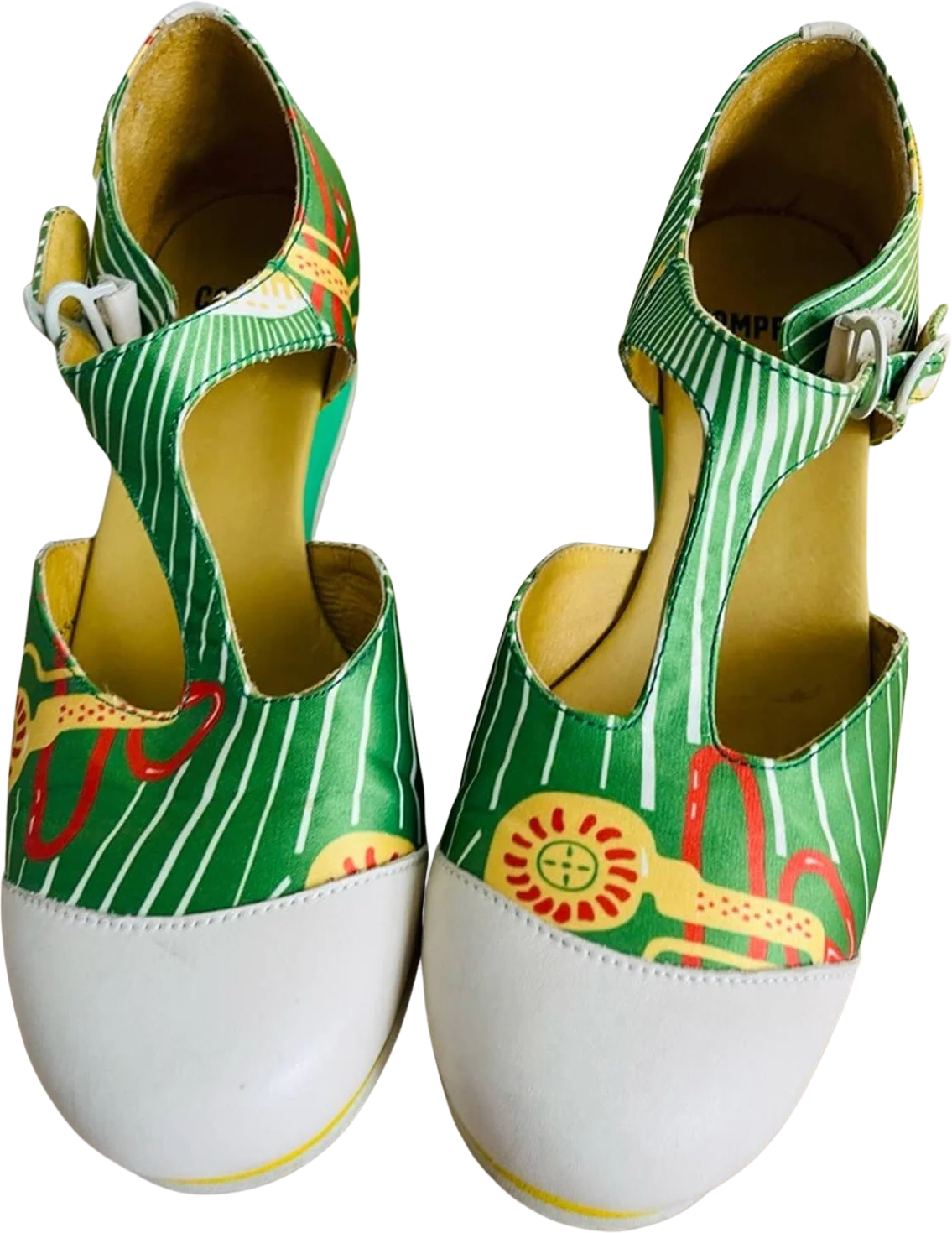 Camper T-Strap Shoes Funky Print Sunlight Print Green Yellow by Camper