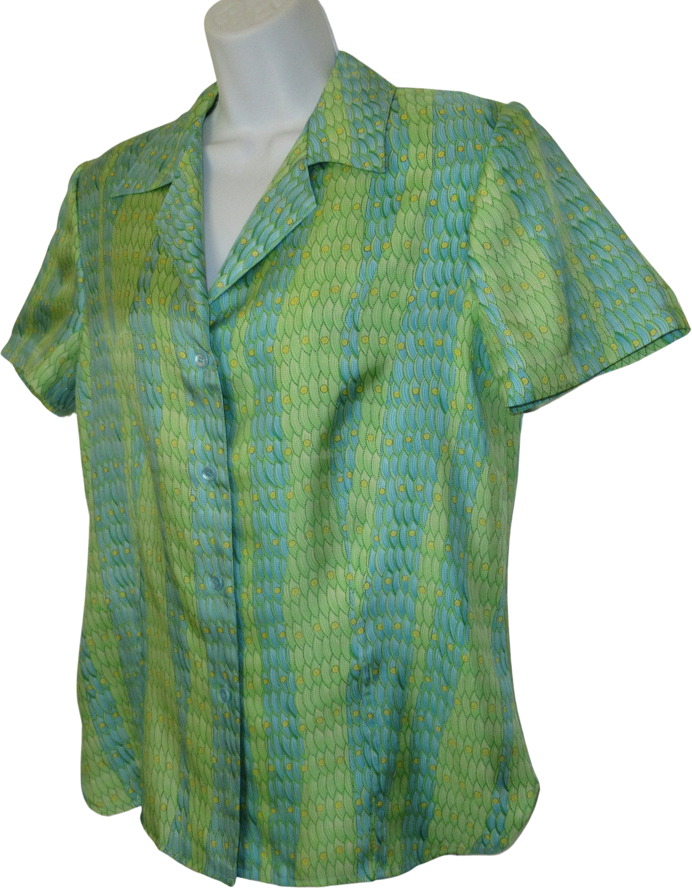 Carlisle Blouse Silk Greenteal Made In British Crown Colony of Hong Kong 8 Front Buttons Short Sleeve Collar by Carlisle
