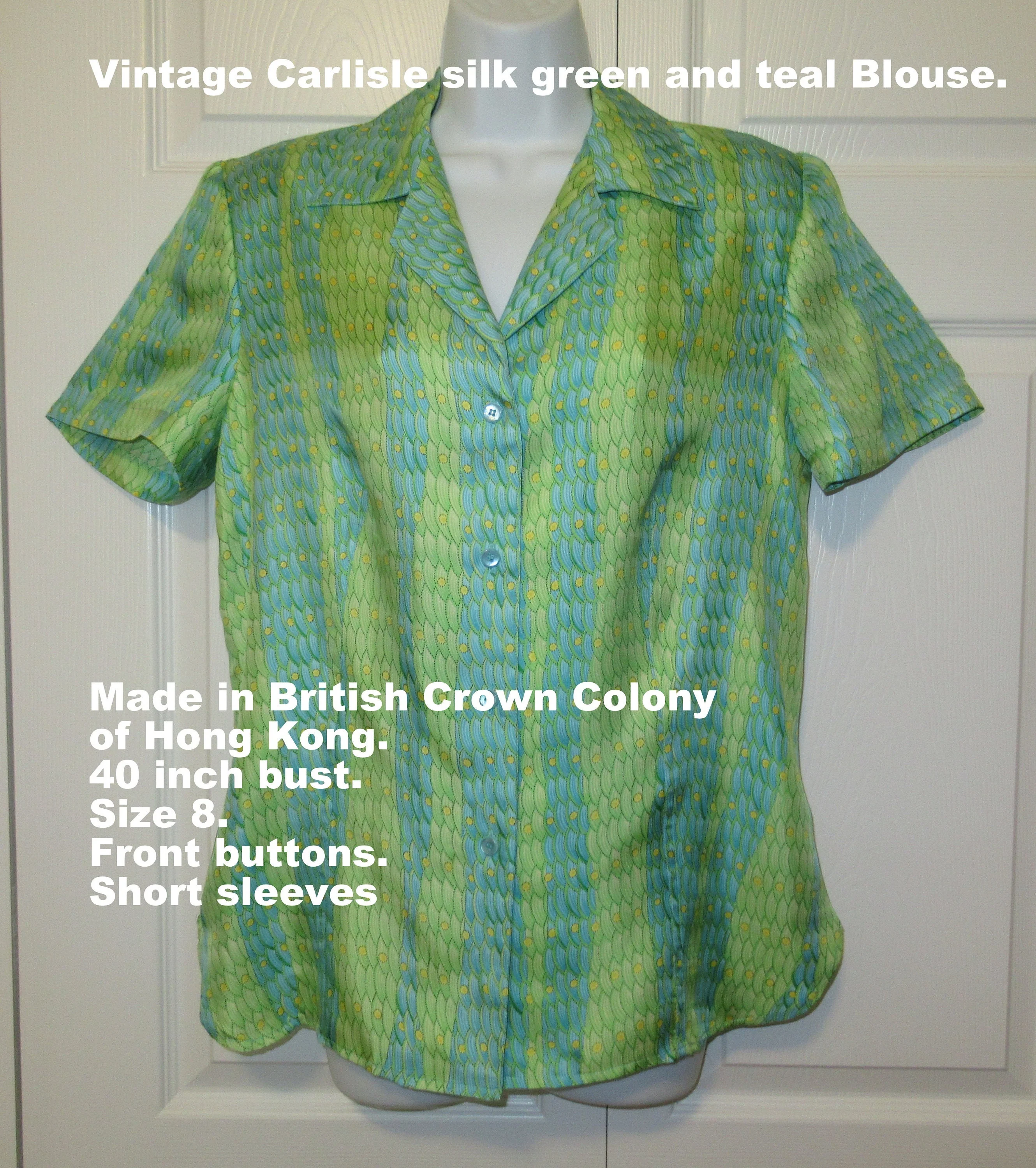 Carlisle Blouse Silk Greenteal Made In British Crown Colony of Hong Kong 8 Front Buttons Short Sleeve Collar by Carlisle - Image 2