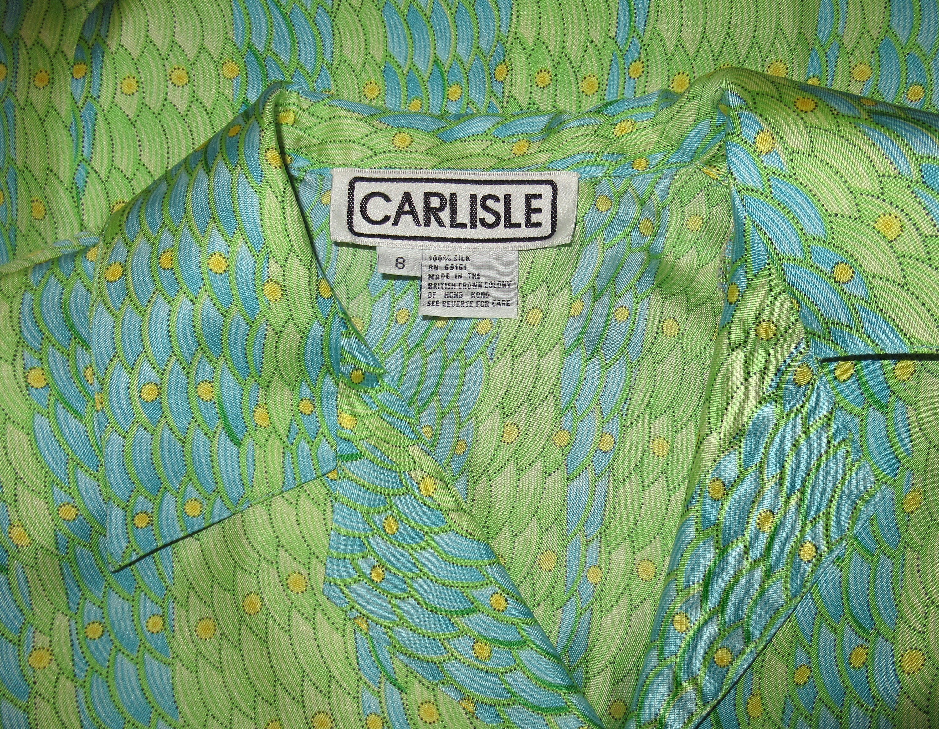 Carlisle Blouse Silk Greenteal Made In British Crown Colony of Hong Kong 8 Front Buttons Short Sleeve Collar by Carlisle - Image 3