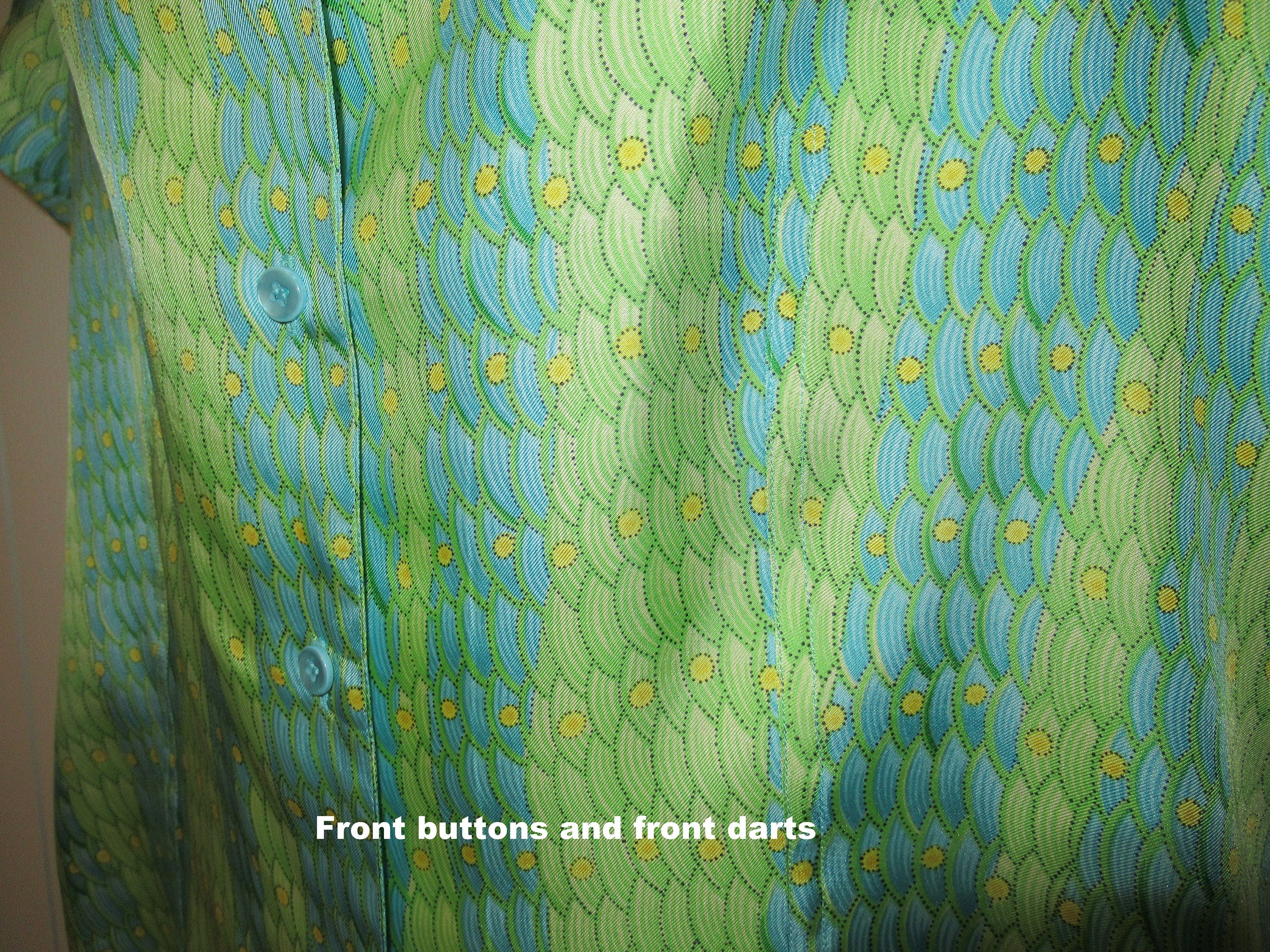 Carlisle Blouse Silk Greenteal Made In British Crown Colony of Hong Kong 8 Front Buttons Short Sleeve Collar by Carlisle - Image 7