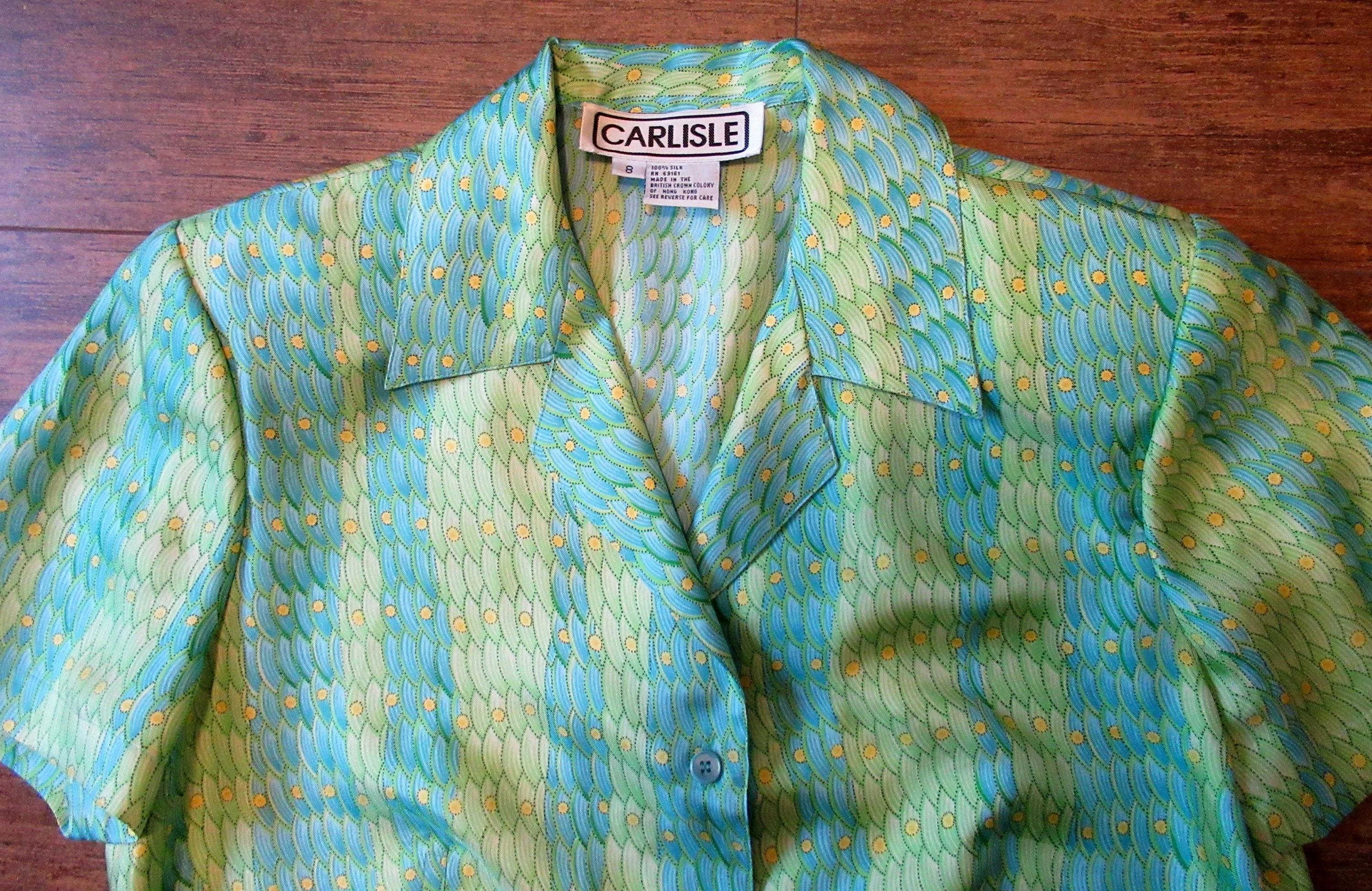 Carlisle Blouse Silk Greenteal Made In British Crown Colony of Hong Kong 8 Front Buttons Short Sleeve Collar by Carlisle - Image 9
