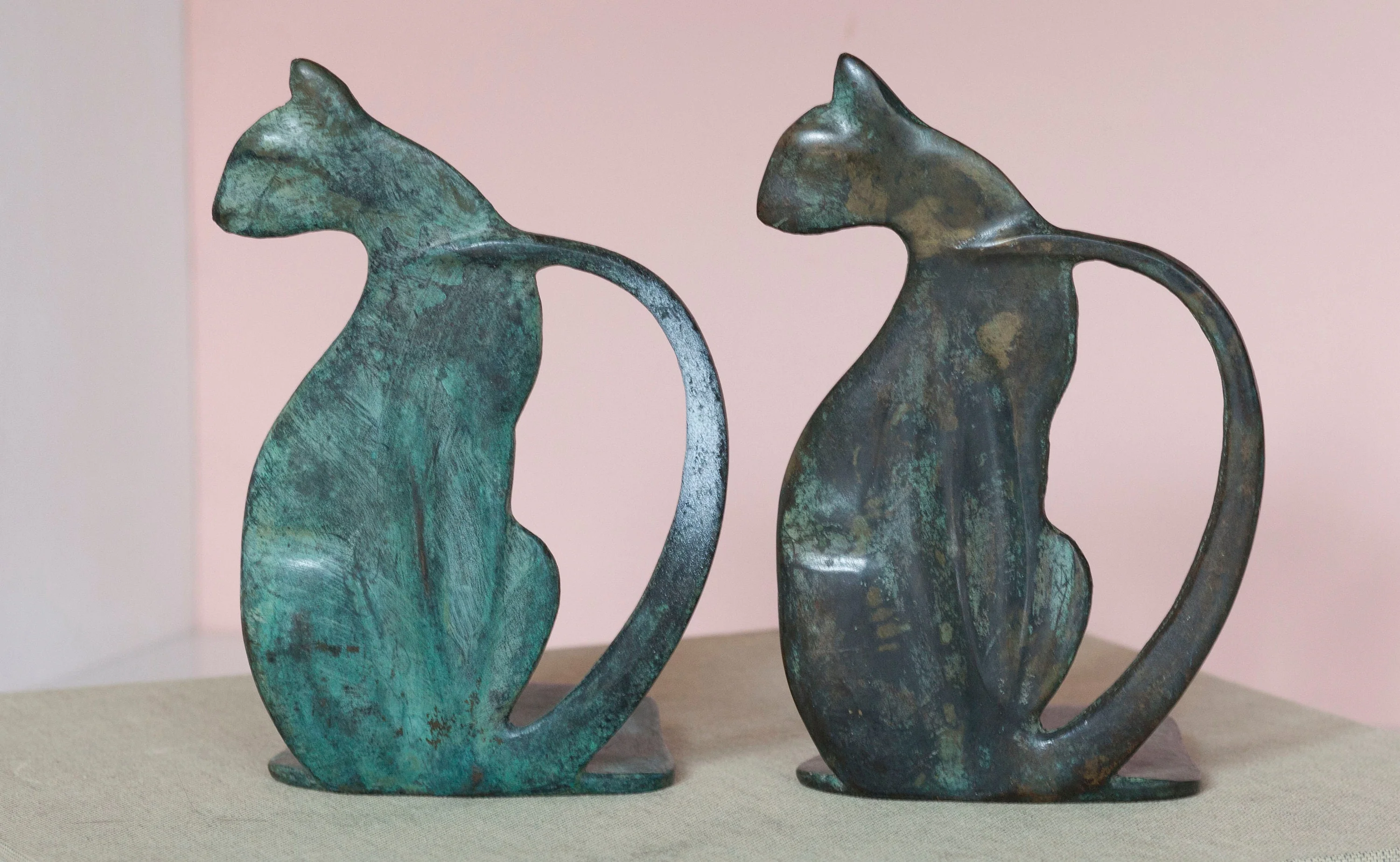 Cat Silhouette Bookends Handmade Blue Patina Iron Kitty Bookshelf Decor - Image 3