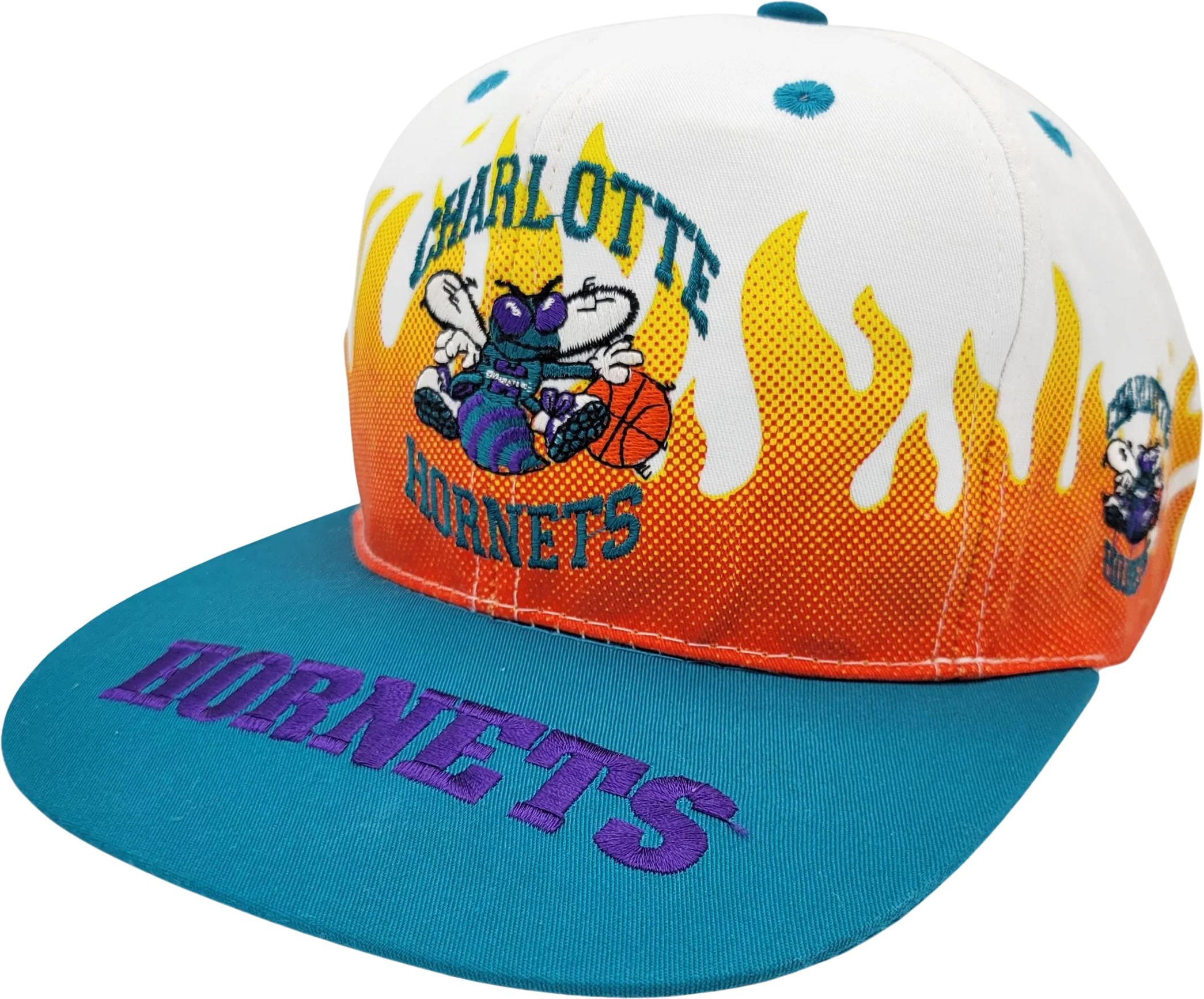 Charlotte Hornets Vintage 90s On Fire Flames Snapback Hat All Over Print Nba Basketball Baseball Cap