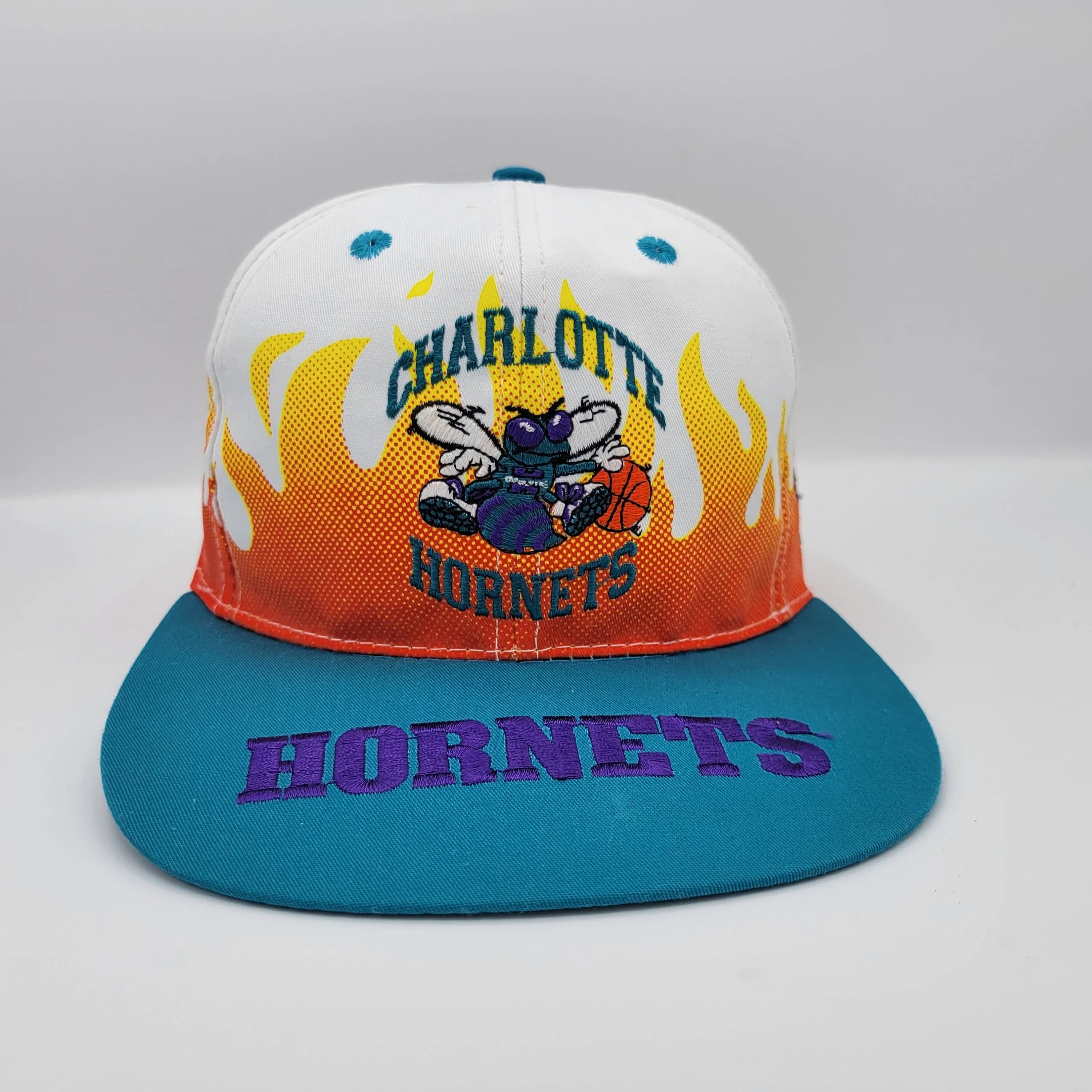 Charlotte Hornets Vintage 90s On Fire Flames Snapback Hat All Over Print Nba Basketball Baseball Cap - Image 2