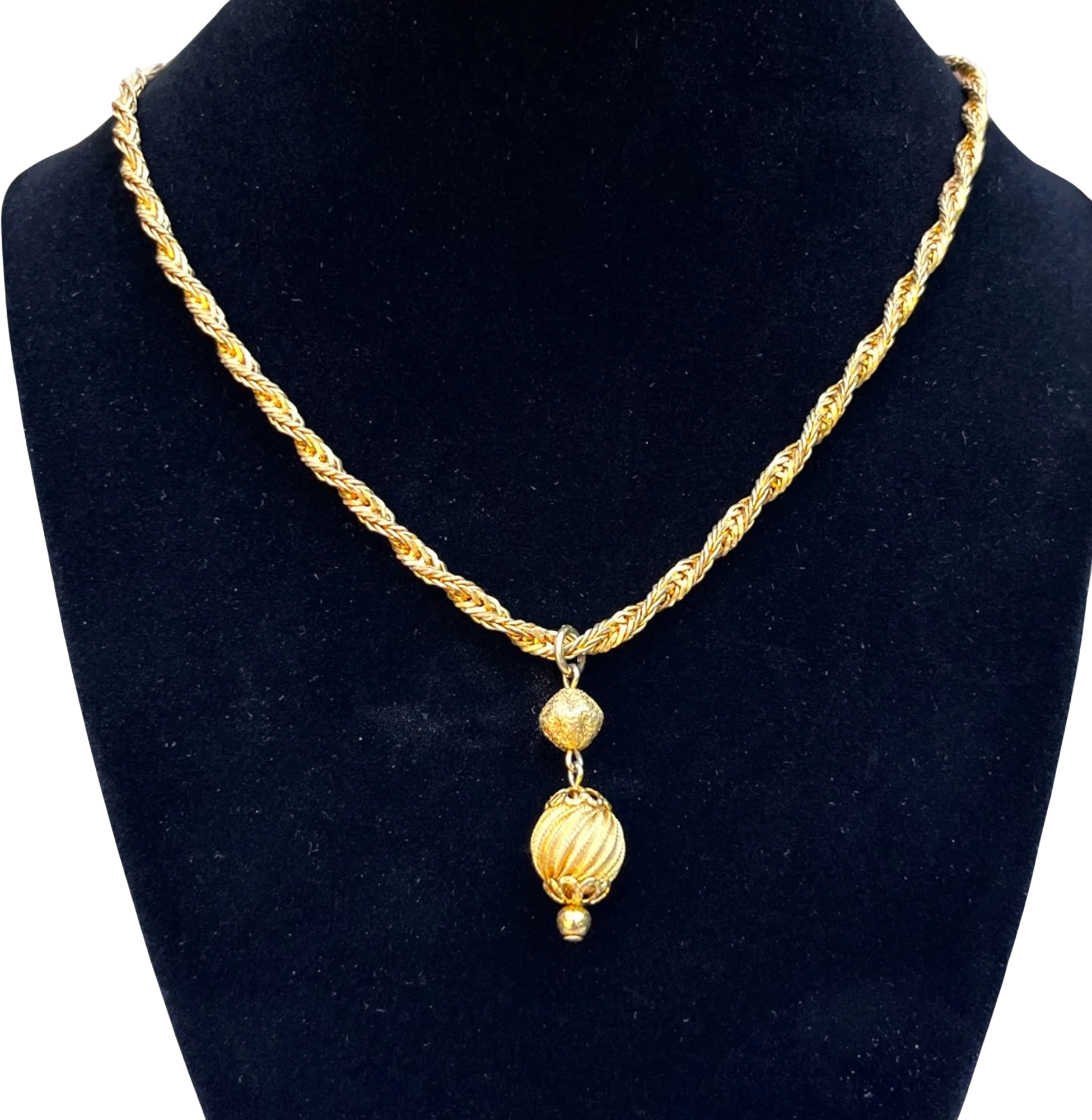 Charming Vintage Gold Choker Bead Pendant Necklace 60s 70s Midcentury Brushed Gold Rope Chain Delicate Minimalist Jewelry