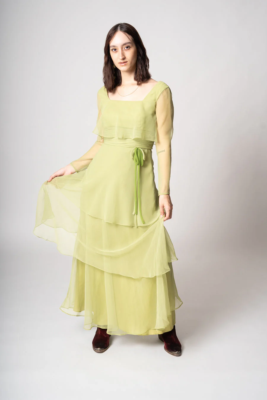 Chartreuse Tiered Chiffon Dress by Miss Elliette - Image 2