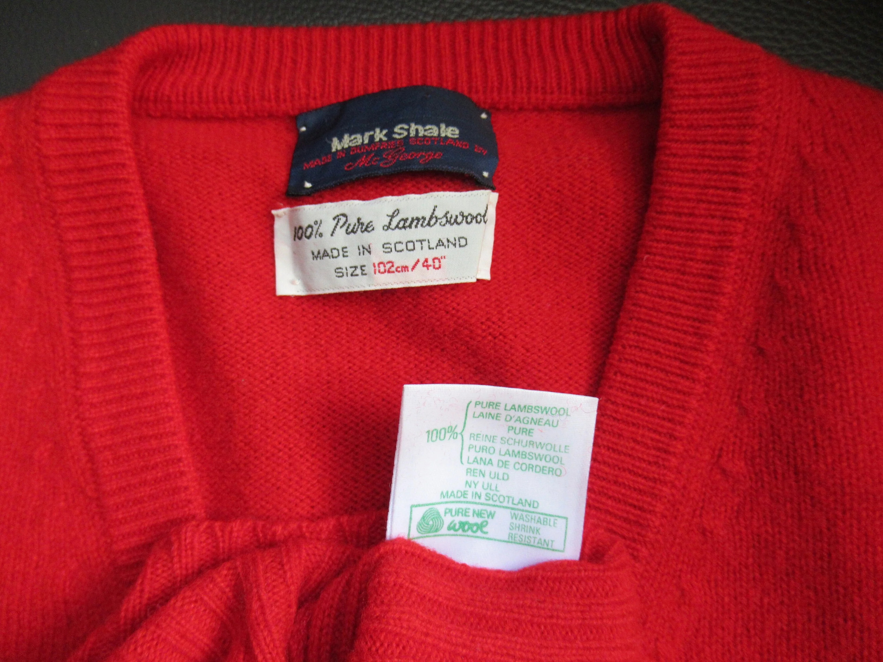 Chest Pullover Red Sweater Made In Dumfries Scotland Mark Shale Pure Lambs Wool Mcgeorge Sleeveless Pullover V-Neck Unisex Classic by Mark Shale - Image 5
