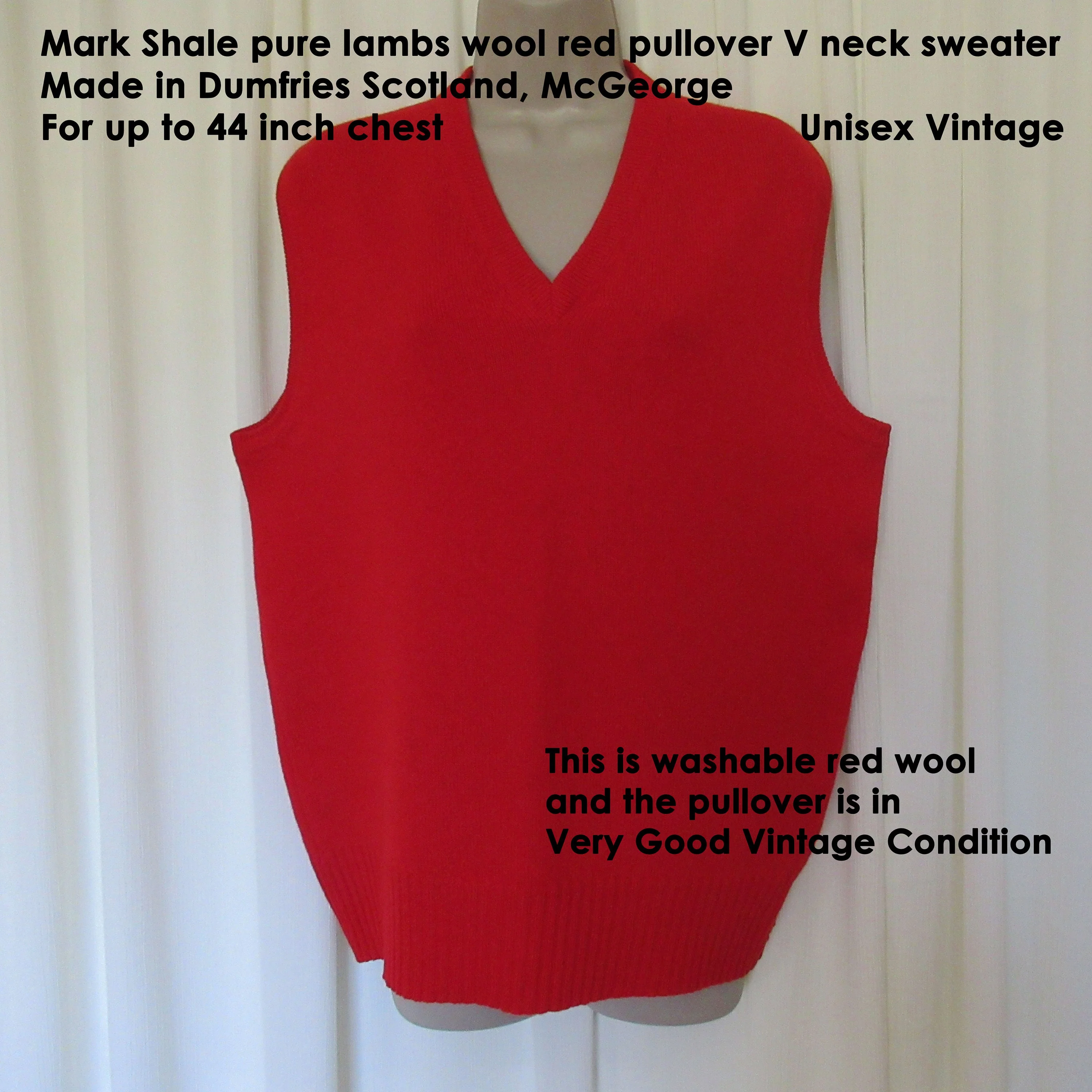 Chest Pullover Red Sweater Made In Dumfries Scotland Mark Shale Pure Lambs Wool Mcgeorge Sleeveless Pullover V-Neck Unisex Classic by Mark Shale - Image 7