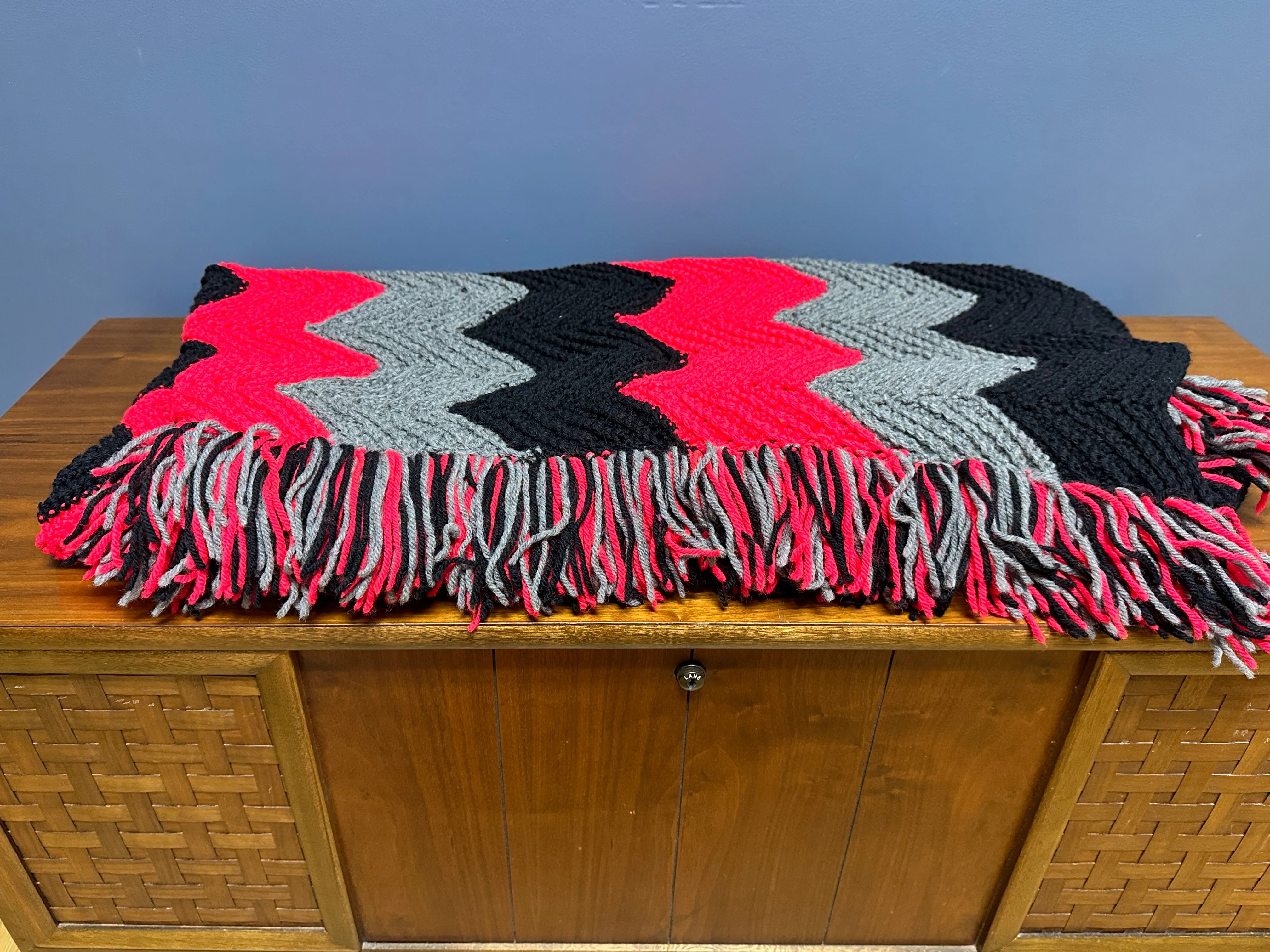 Chevron Striped Afghan Red Black Gray With Fringe - Image 5