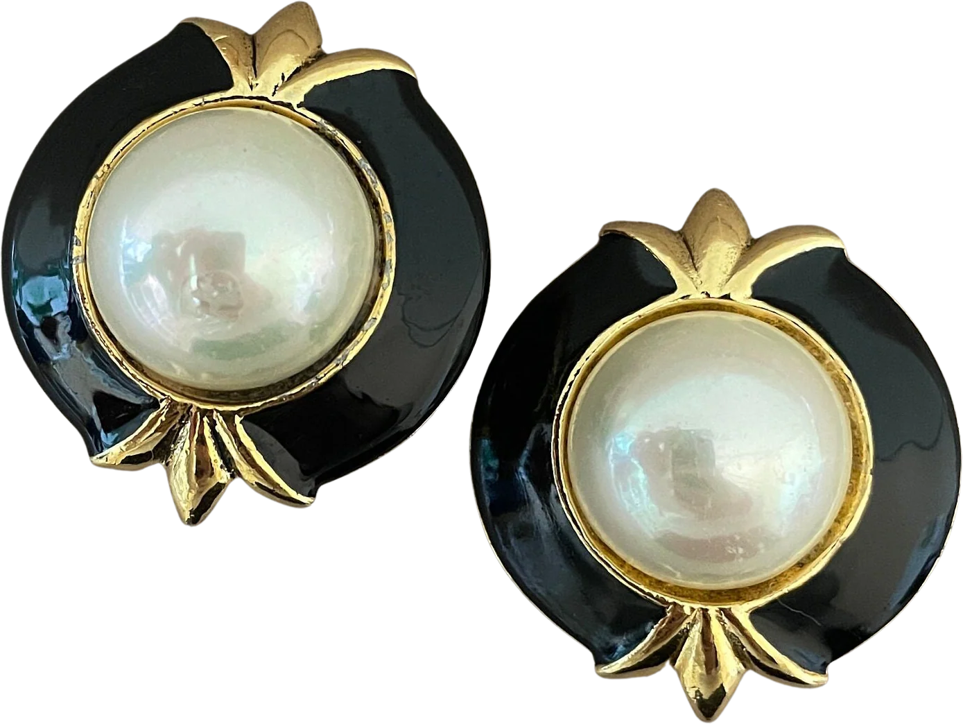 Chic Black Enamel and Pearl Cabochon Clip On Statement Earrings by Carolee