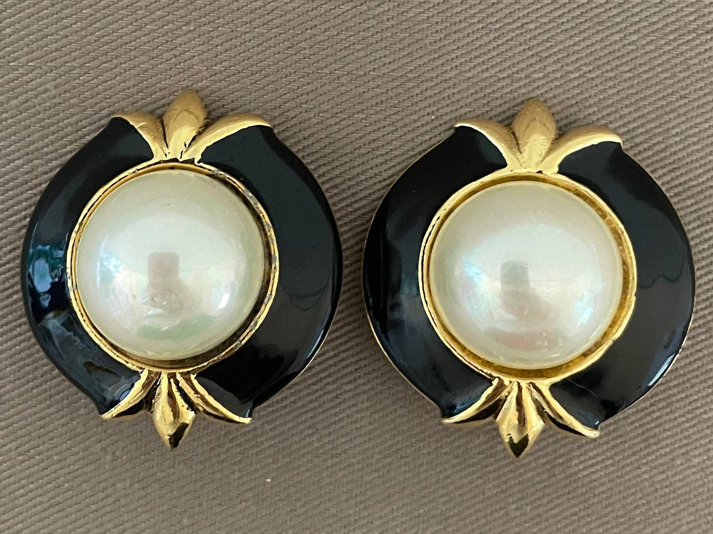 Chic Black Enamel and Pearl Cabochon Clip On Statement Earrings by Carolee - Image 2