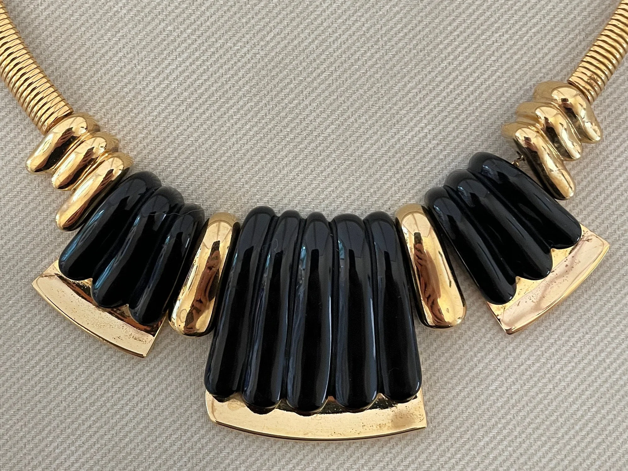 Chic Egyptian Collar Necklace Black Lucite Panels Gold Tone Finish by Napier - Image 2