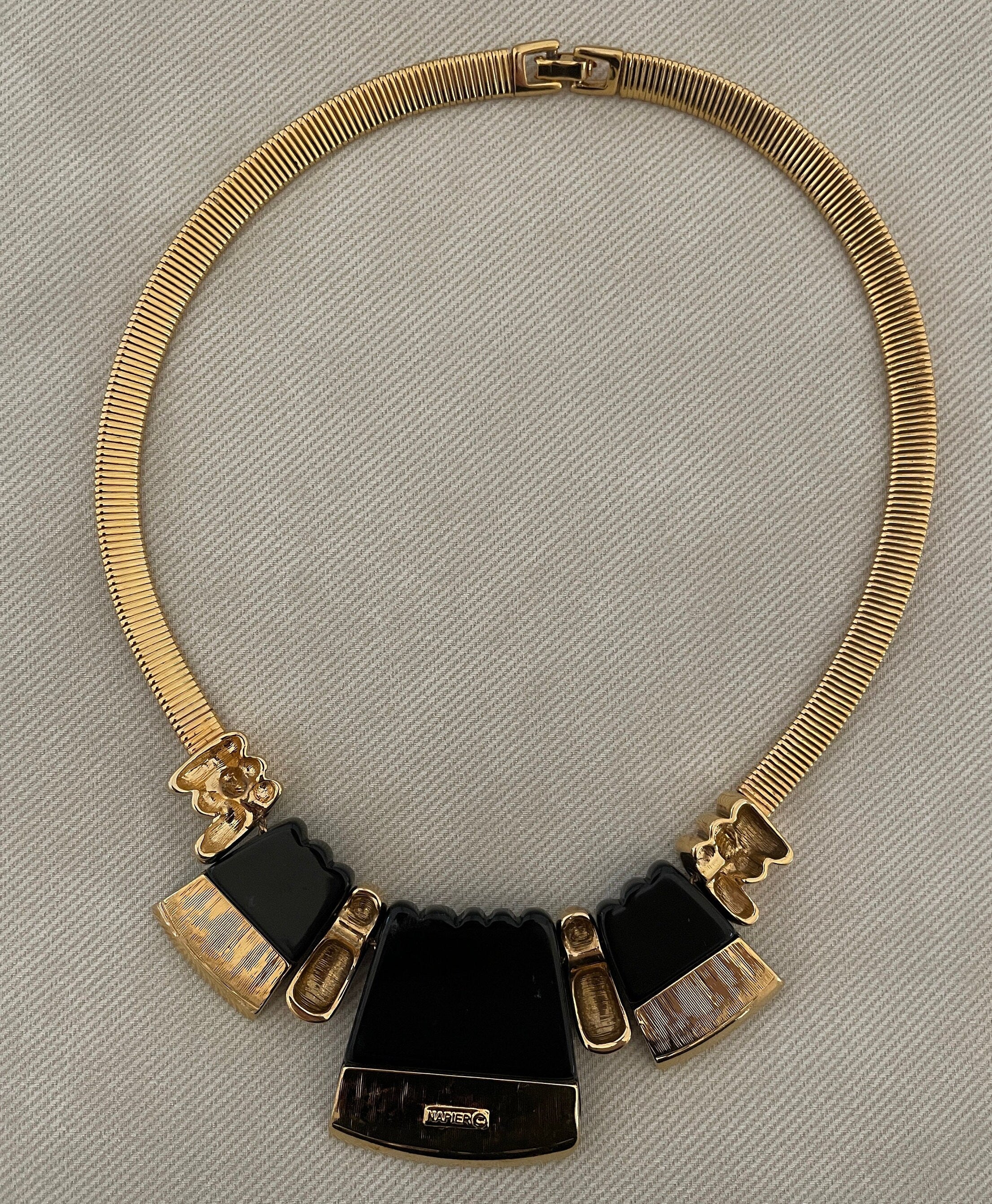 Chic Egyptian Collar Necklace Black Lucite Panels Gold Tone Finish by Napier - Image 3
