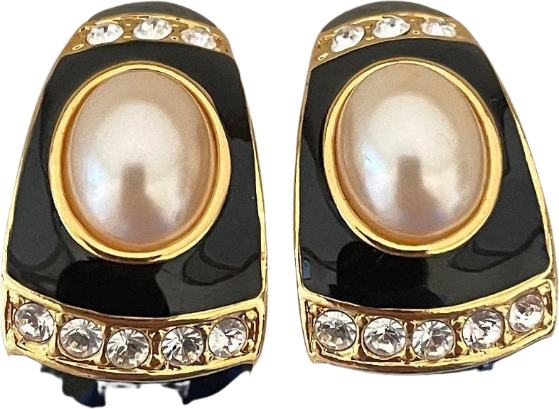 Chic Joan Rivers Signed Pearl Cabochon and Black Enamel Clip-On Half Hoop Statement Earrings by Joan Rivers