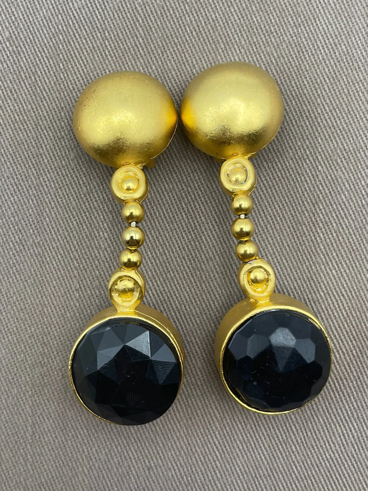Chic Long Gold Byzantine Clip On Statement Earrings Onyx Crystal Accents - Image 3