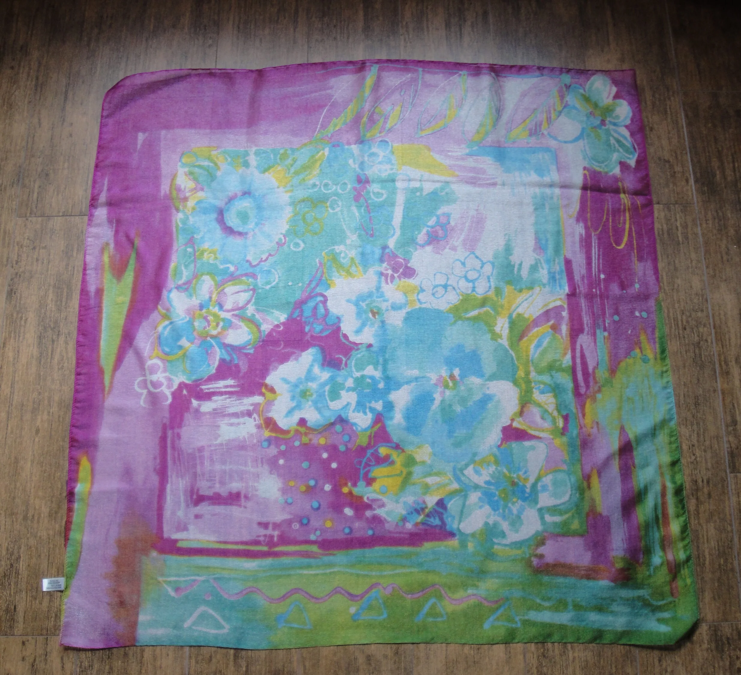Chiffon 34 Inch Square Scarf Made In Italy Polyester and Nylon Sheer Floral Multicolor Pastel Watercolor Style Bonus Scarf Donuts Vtg - Image 2
