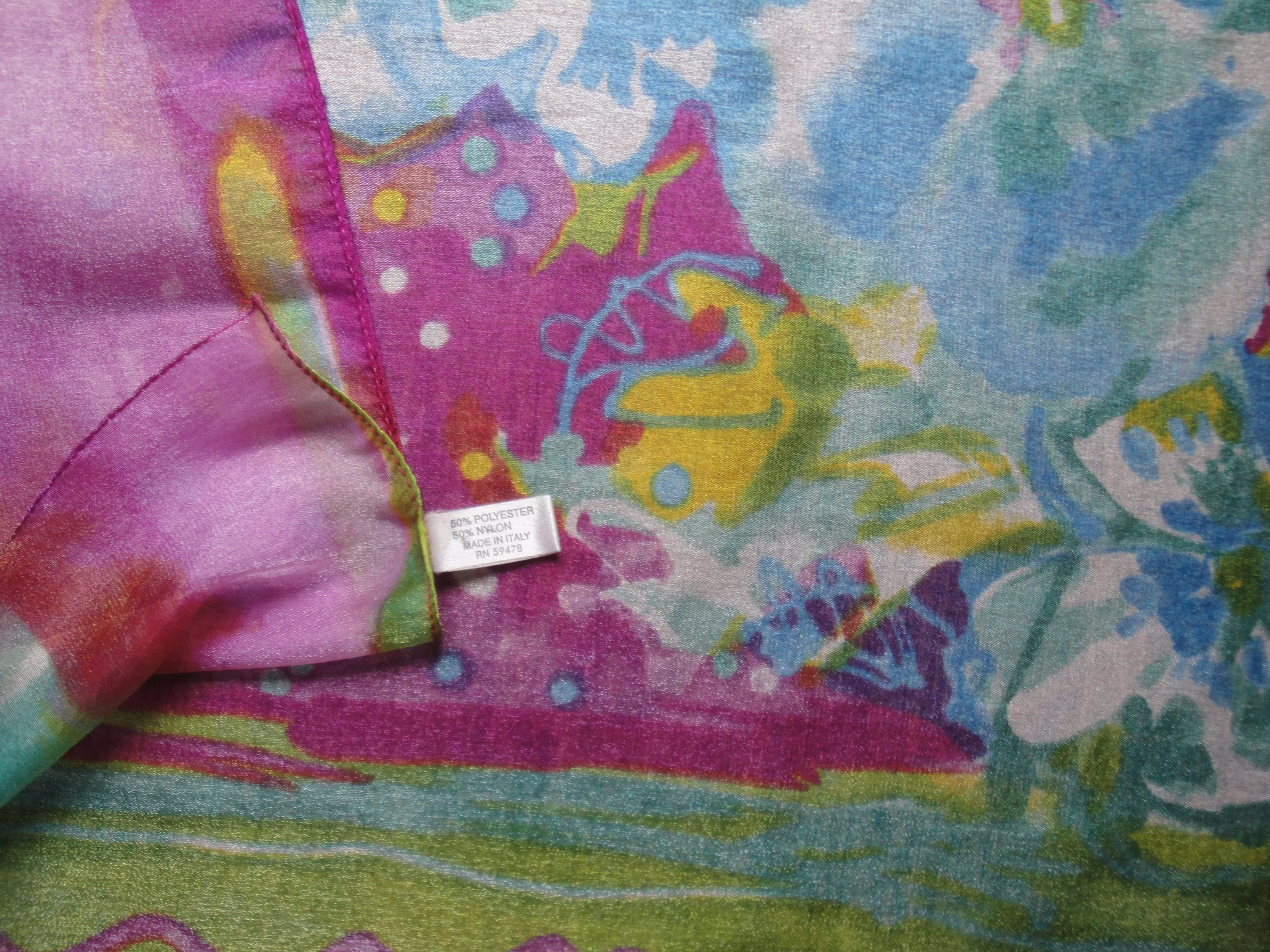 Chiffon 34 Inch Square Scarf Made In Italy Polyester and Nylon Sheer Floral Multicolor Pastel Watercolor Style Bonus Scarf Donuts Vtg - Image 3