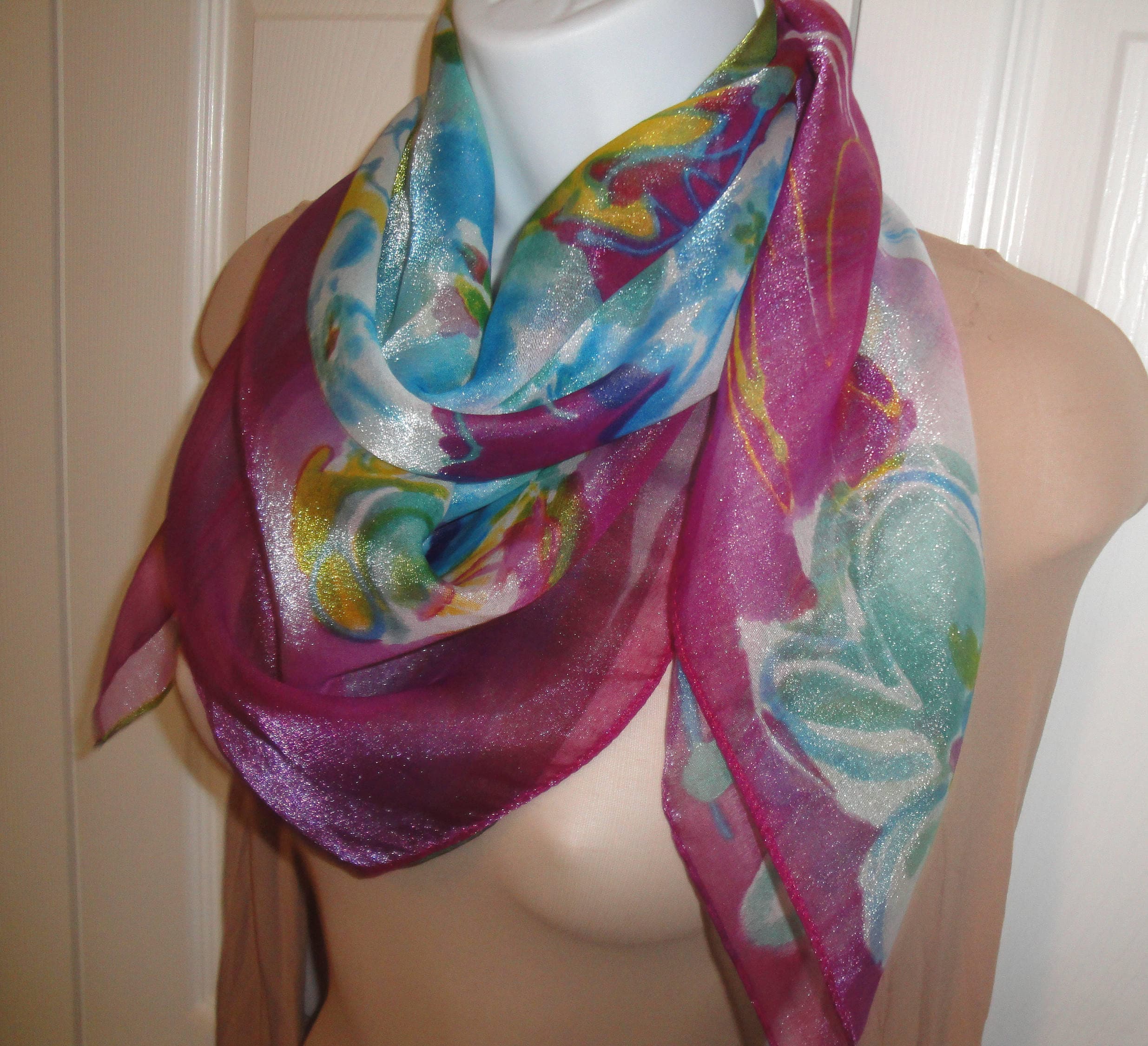 Chiffon 34 Inch Square Scarf Made In Italy Polyester and Nylon Sheer Floral Multicolor Pastel Watercolor Style Bonus Scarf Donuts Vtg - Image 4