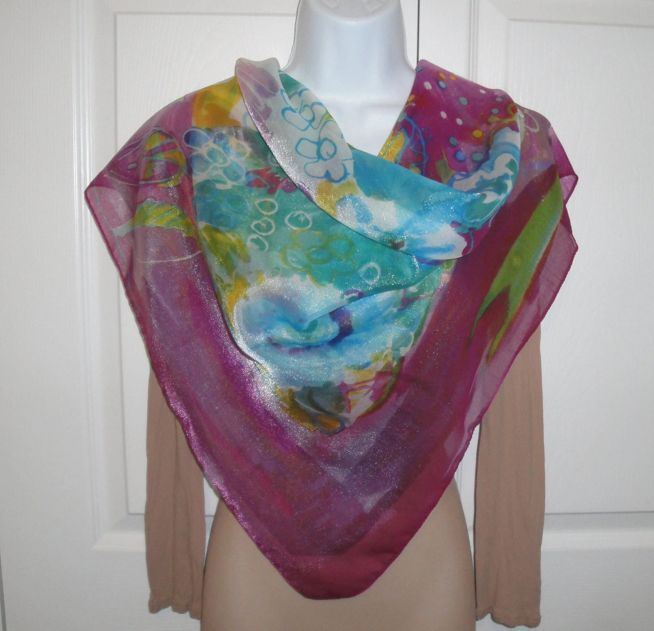Chiffon 34 Inch Square Scarf Made In Italy Polyester and Nylon Sheer Floral Multicolor Pastel Watercolor Style Bonus Scarf Donuts Vtg - Image 5