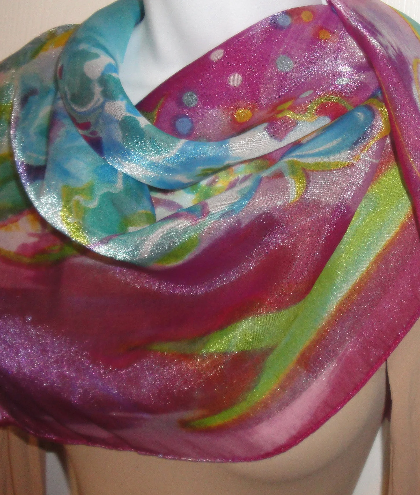 Chiffon 34 Inch Square Scarf Made In Italy Polyester and Nylon Sheer Floral Multicolor Pastel Watercolor Style Bonus Scarf Donuts Vtg - Image 6