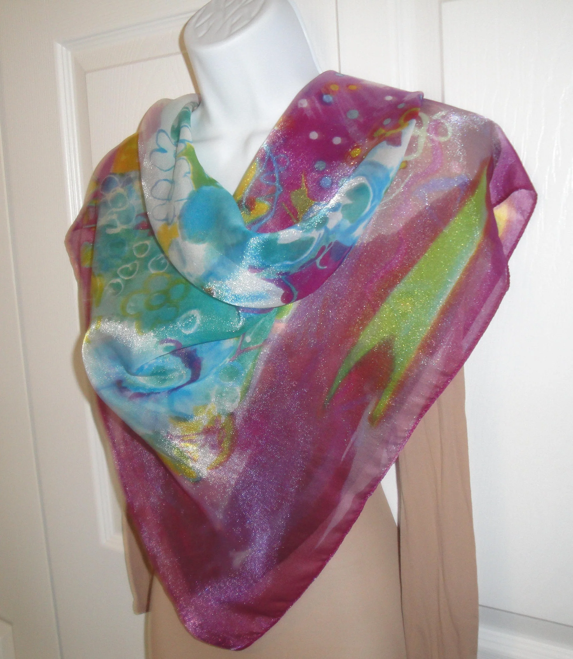 Chiffon 34 Inch Square Scarf Made In Italy Polyester and Nylon Sheer Floral Multicolor Pastel Watercolor Style Bonus Scarf Donuts Vtg - Image 7