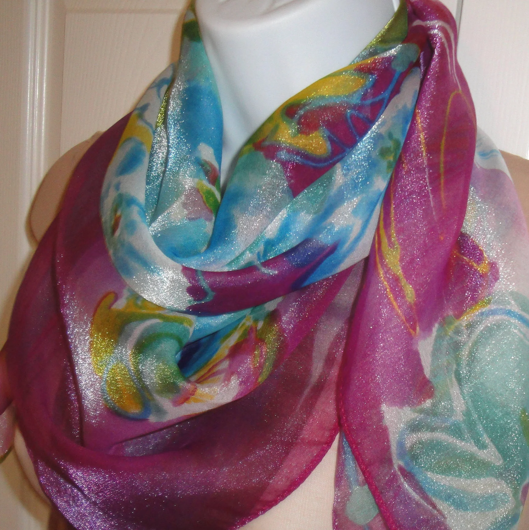 Chiffon 34 Inch Square Scarf Made In Italy Polyester and Nylon Sheer Floral Multicolor Pastel Watercolor Style Bonus Scarf Donuts Vtg - Image 8