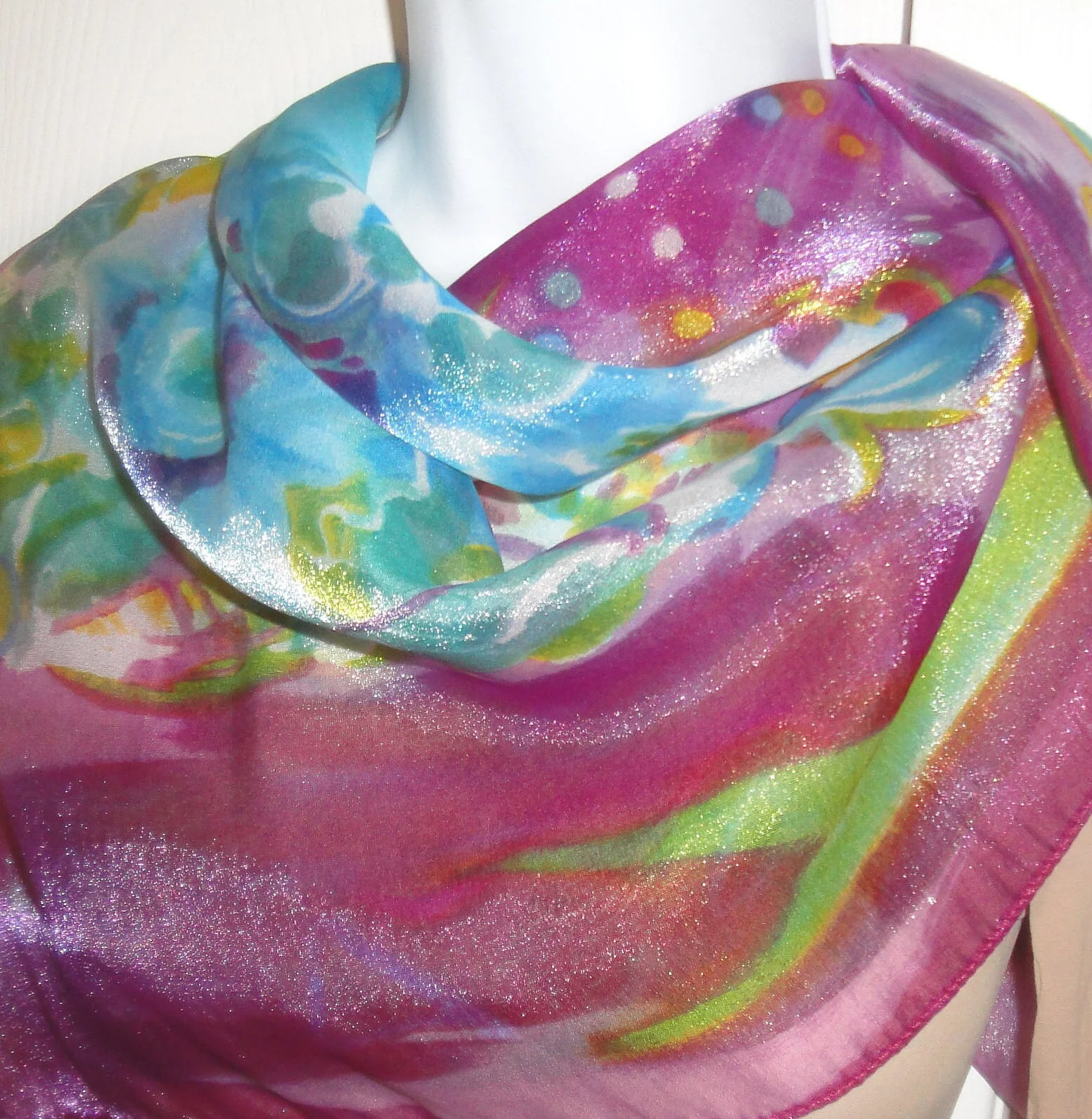 Chiffon 34 Inch Square Scarf Made In Italy Polyester and Nylon Sheer Floral Multicolor Pastel Watercolor Style Bonus Scarf Donuts Vtg - Image 9