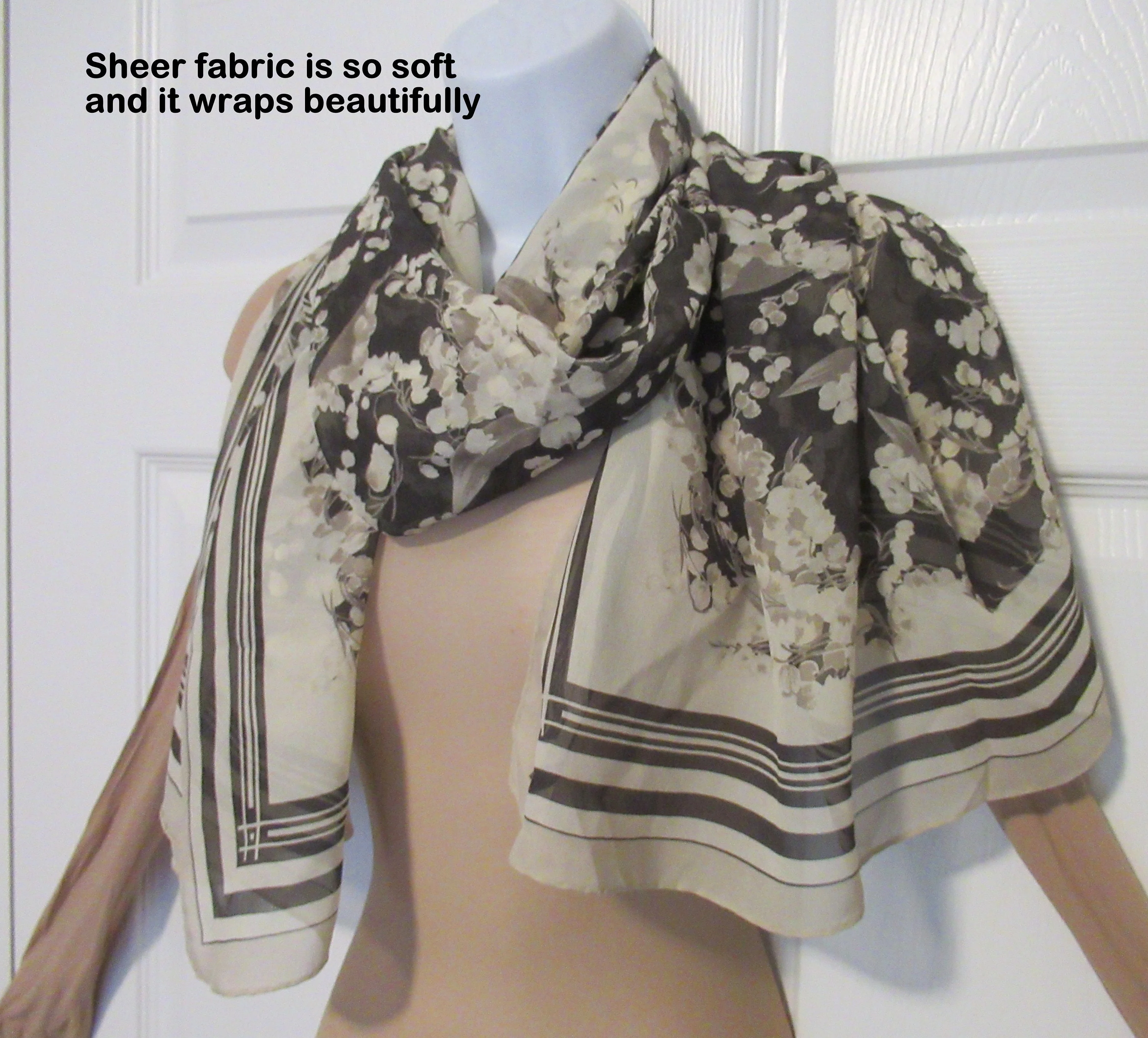 Chiffon Silk Scarf 61 by 25 Inch Oblong Floral Print, Beige, Cream and Gray, Hand Rolled and Hemmed Edge, Use As Shawl Or Scarf, Vtg by Jaeger - Image 5