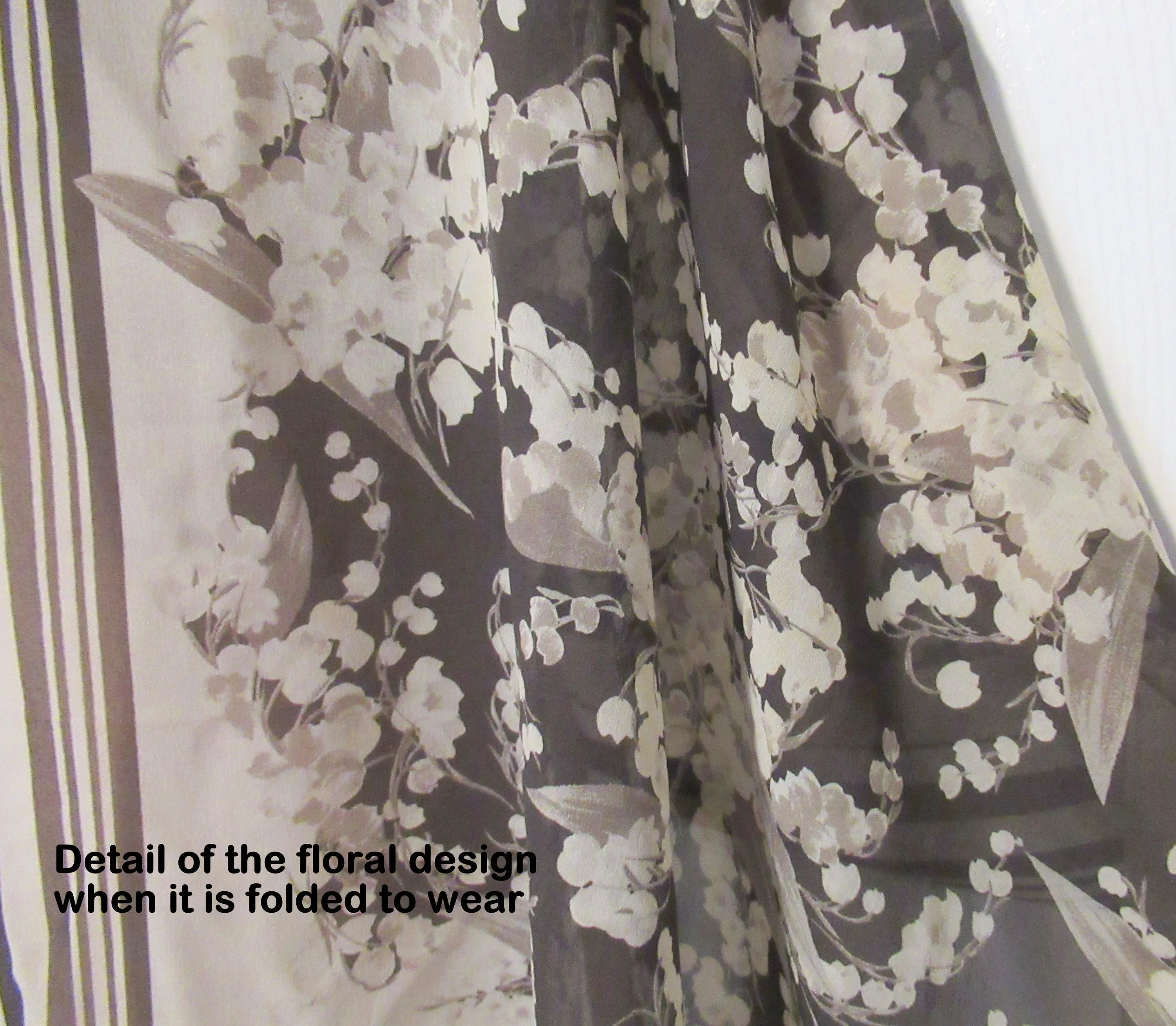 Chiffon Silk Scarf 61 by 25 Inch Oblong Floral Print, Beige, Cream and Gray, Hand Rolled and Hemmed Edge, Use As Shawl Or Scarf, Vtg by Jaeger - Image 7