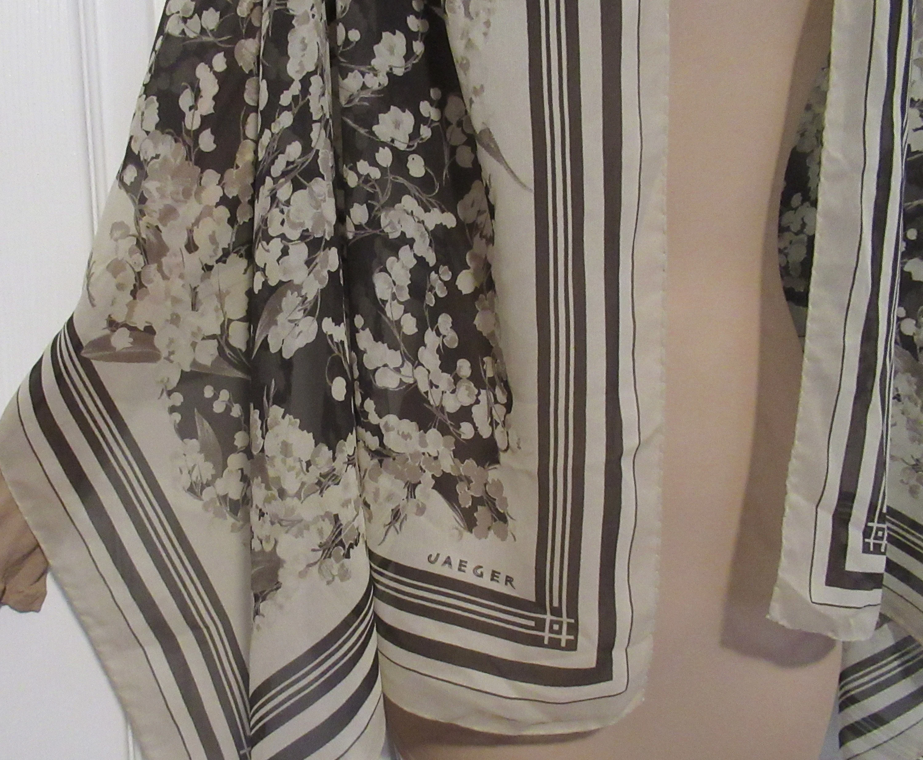 Chiffon Silk Scarf 61 by 25 Inch Oblong Floral Print, Beige, Cream and Gray, Hand Rolled and Hemmed Edge, Use As Shawl Or Scarf, Vtg by Jaeger - Image 8