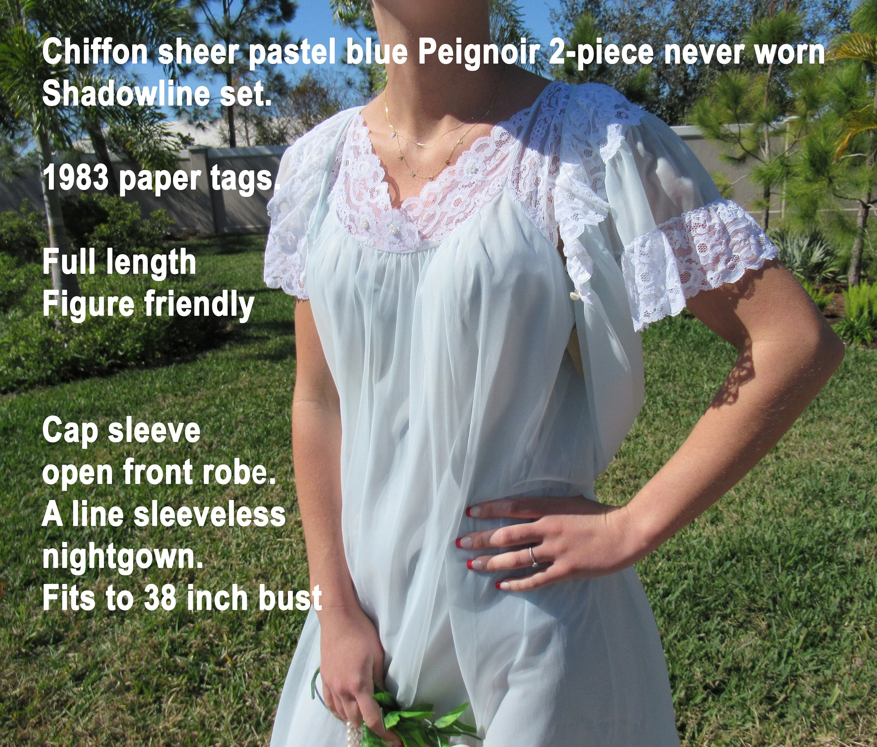 Chiffon Two Piece Set Sheer Pastel Blue Shadowline Nightgown and Robe 1983 Tags Cap Sleeve Open Front Robe A-Line Sleeveless Gown by Shadowline - Image 3