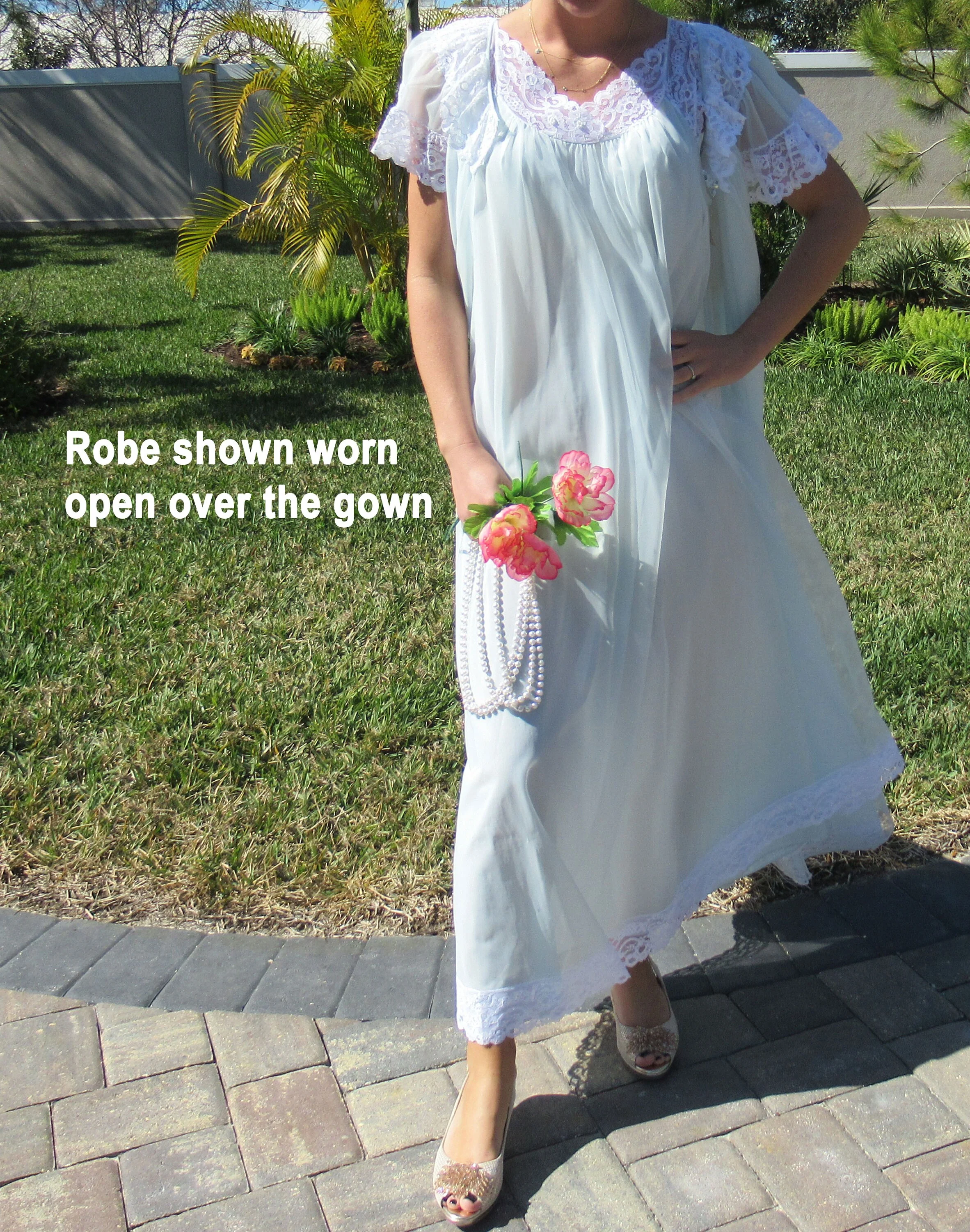 Chiffon Two Piece Set Sheer Pastel Blue Shadowline Nightgown and Robe 1983 Tags Cap Sleeve Open Front Robe A-Line Sleeveless Gown by Shadowline - Image 8