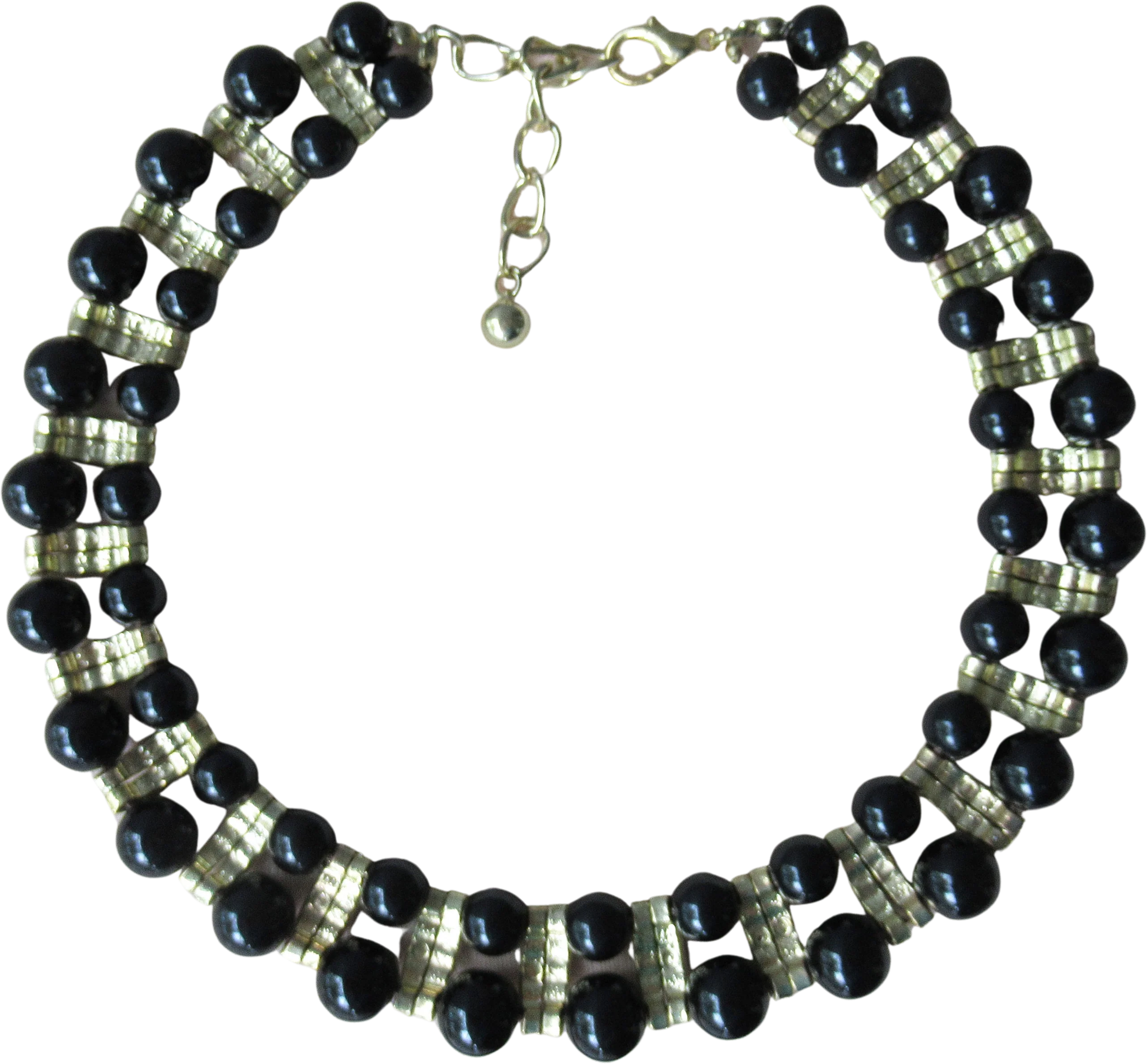 Choker Necklace Black and Clear Rhinestones Alternating Rows of Black Round Beads with Rhinestones Extender Back Clasp Unsigned Vintage