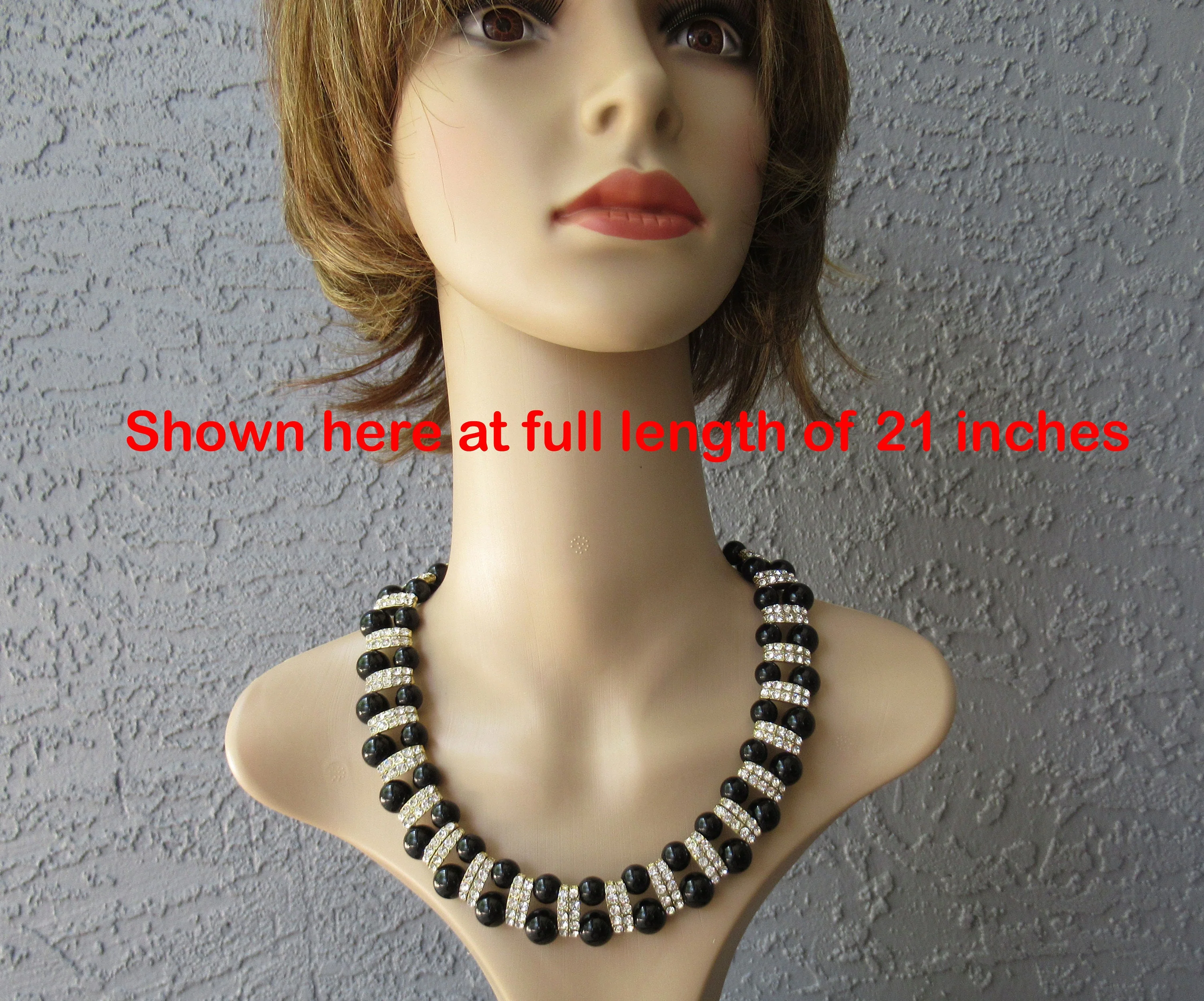 Choker Necklace Black and Clear Rhinestones Alternating Rows of Black Round Beads with Rhinestones Extender Back Clasp Unsigned Vintage - Image 10