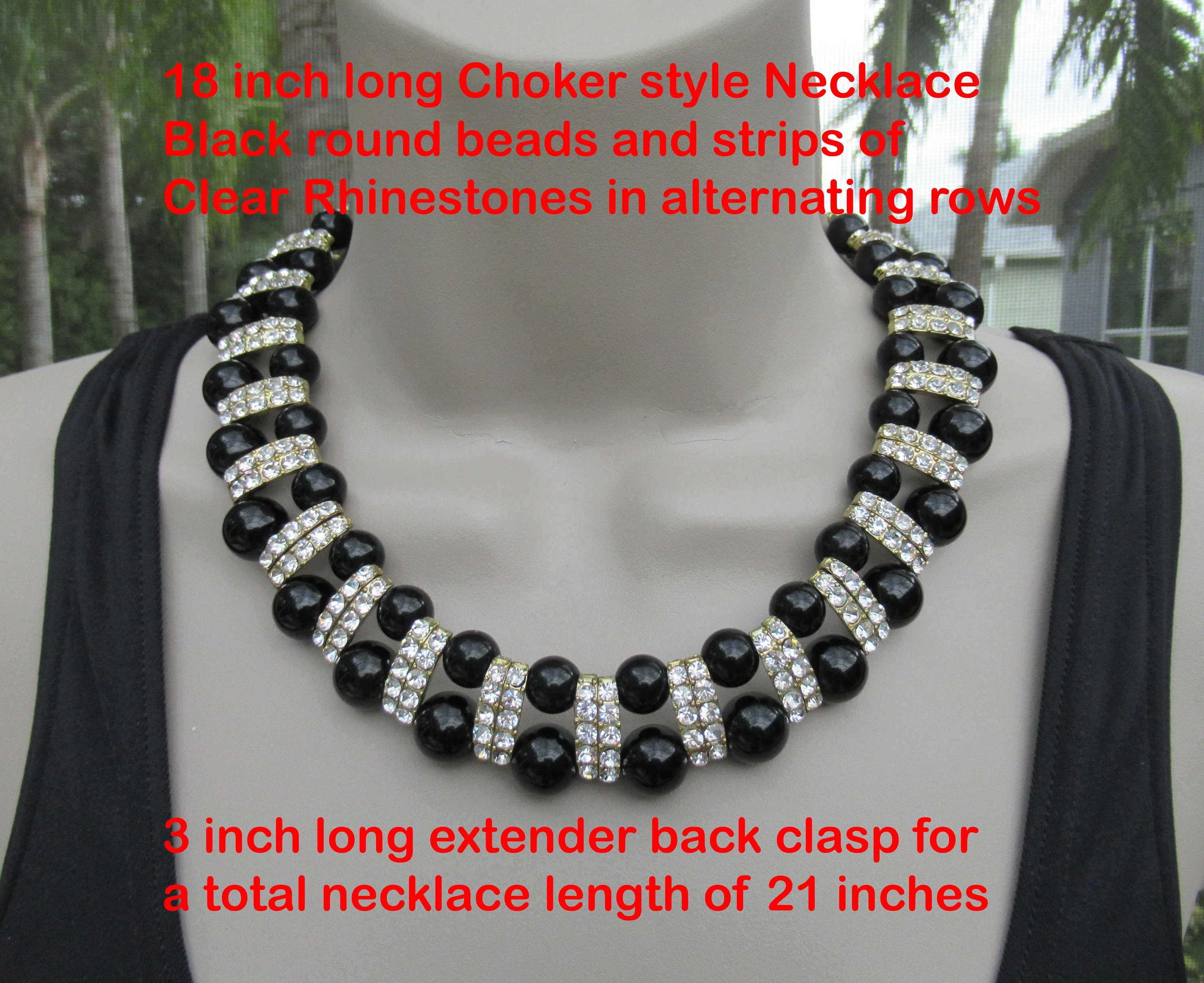 Choker Necklace Black and Clear Rhinestones Alternating Rows of Black Round Beads with Rhinestones Extender Back Clasp Unsigned Vintage - Image 4