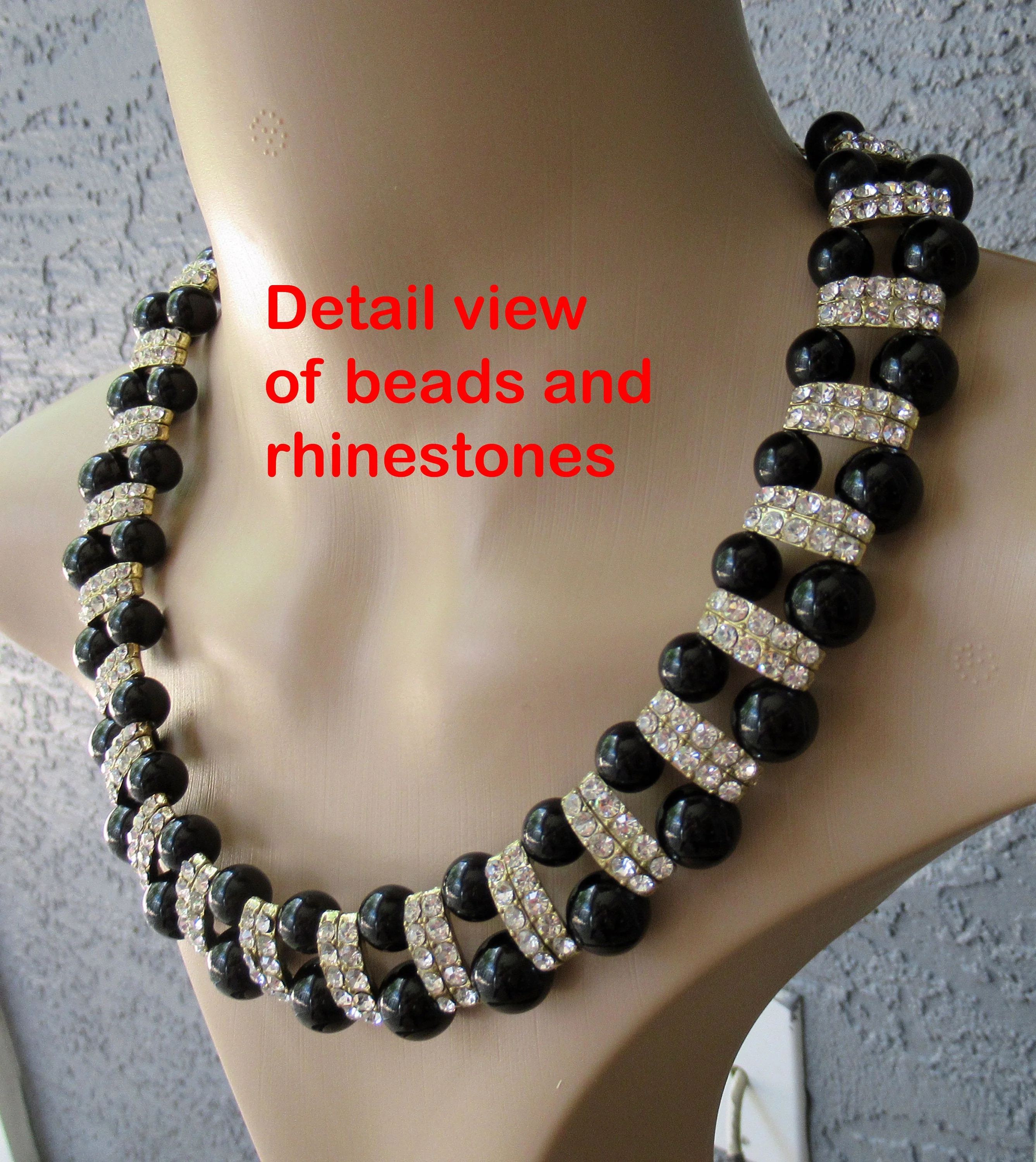 Choker Necklace Black and Clear Rhinestones Alternating Rows of Black Round Beads with Rhinestones Extender Back Clasp Unsigned Vintage - Image 5