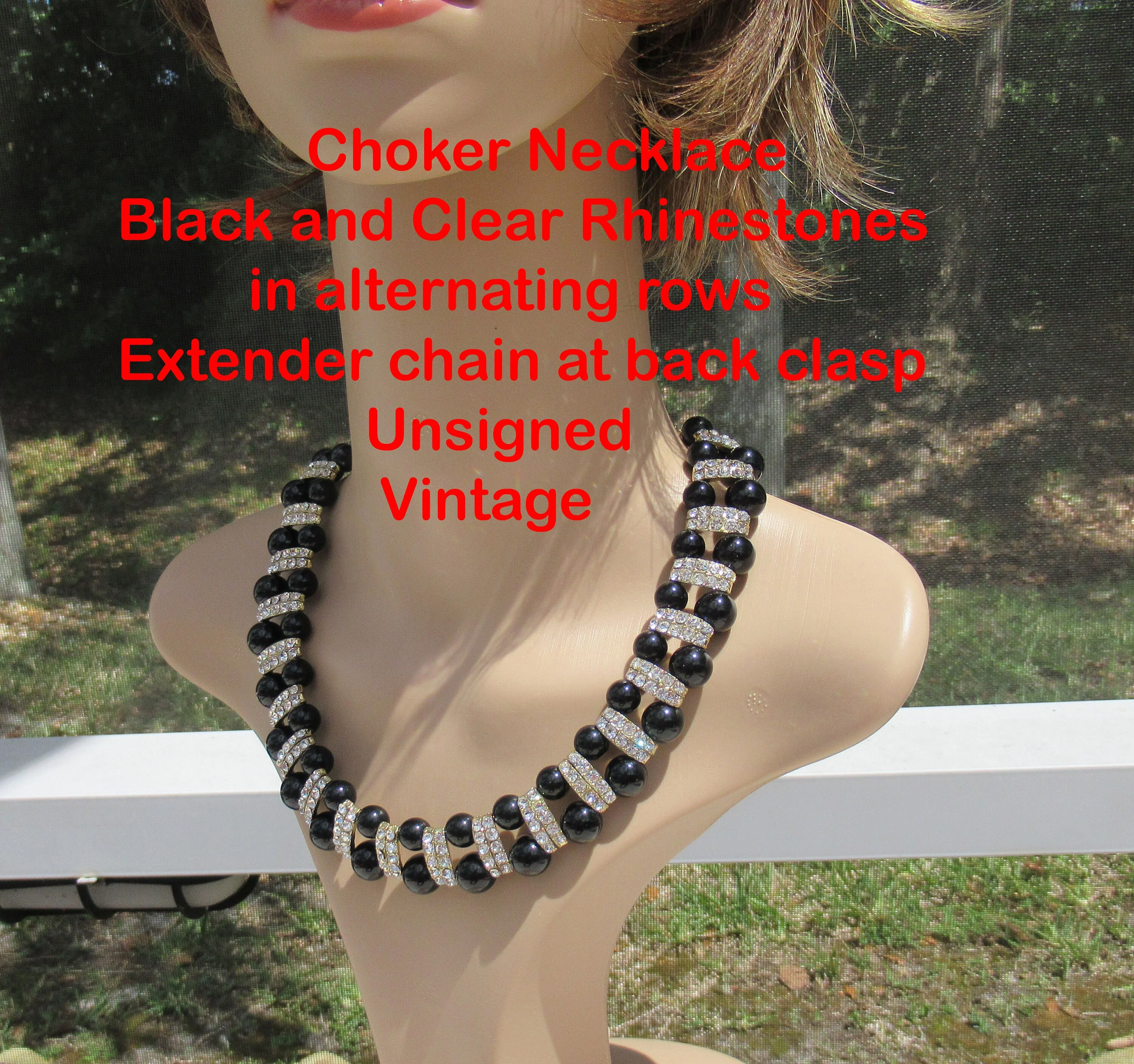 Choker Necklace Black and Clear Rhinestones Alternating Rows of Black Round Beads with Rhinestones Extender Back Clasp Unsigned Vintage - Image 6