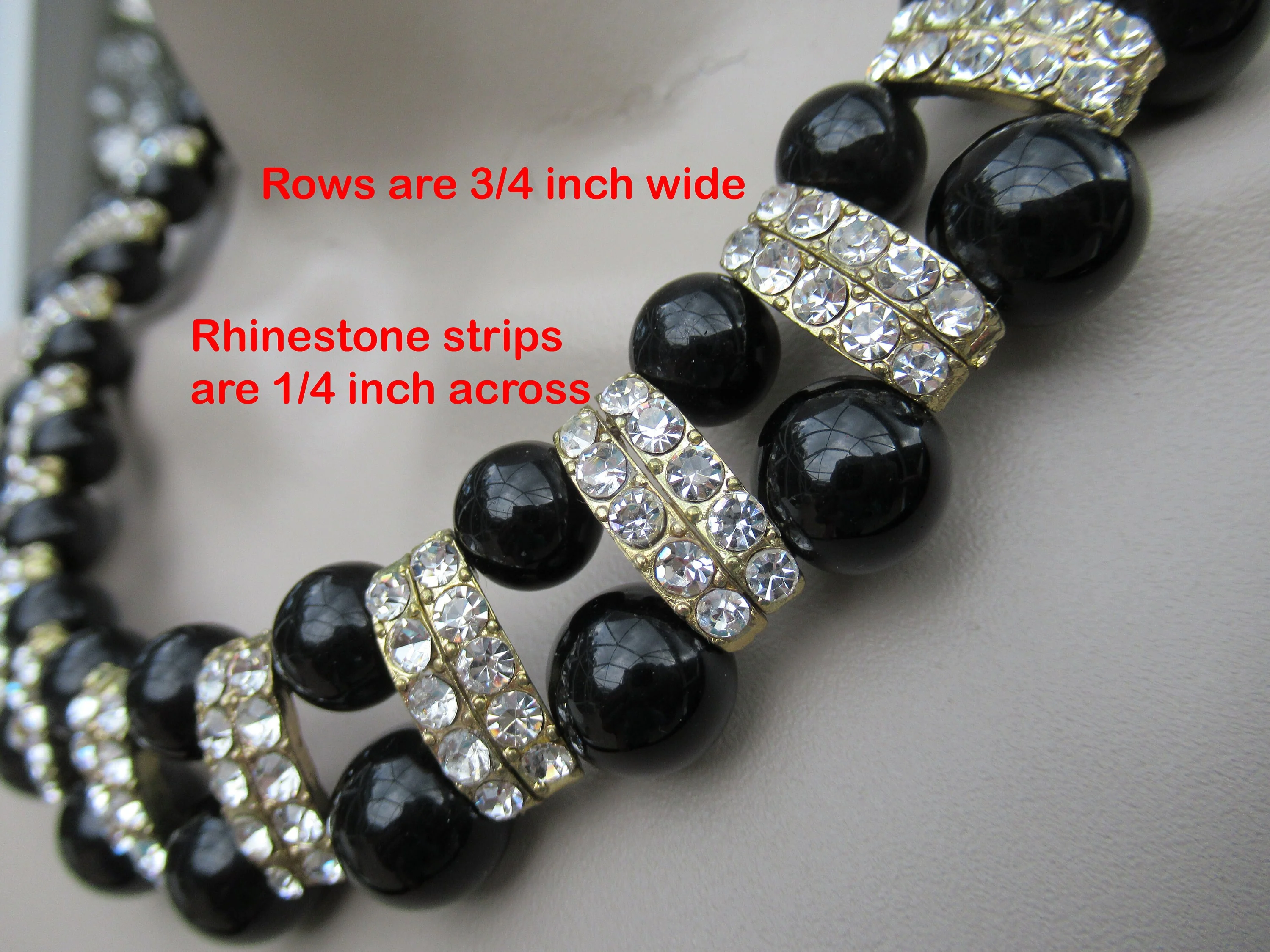 Choker Necklace Black and Clear Rhinestones Alternating Rows of Black Round Beads with Rhinestones Extender Back Clasp Unsigned Vintage - Image 7