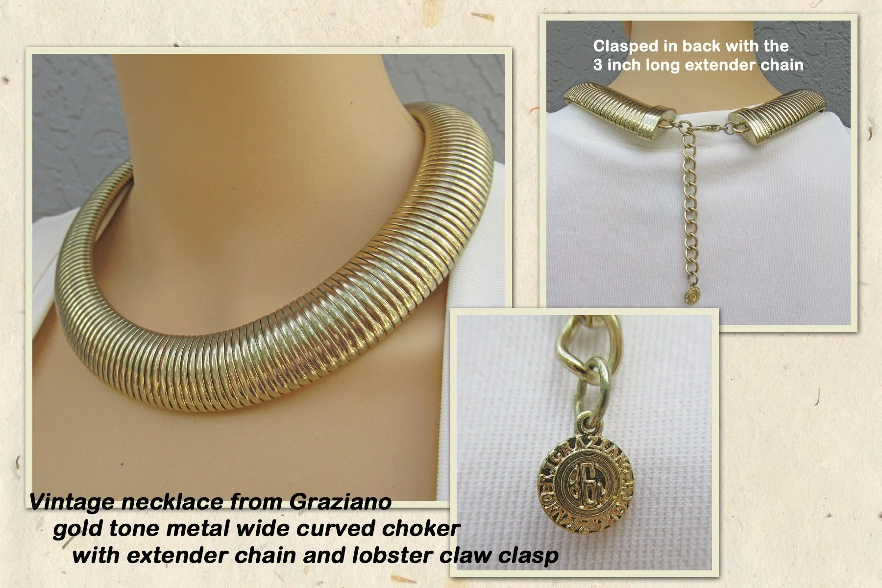 Choker Necklace Gold Tone Metal Wide Fitted Choker Length with Extender Chain and Lobster Claw Clasp a Statement Piece by Graziano - Image 2