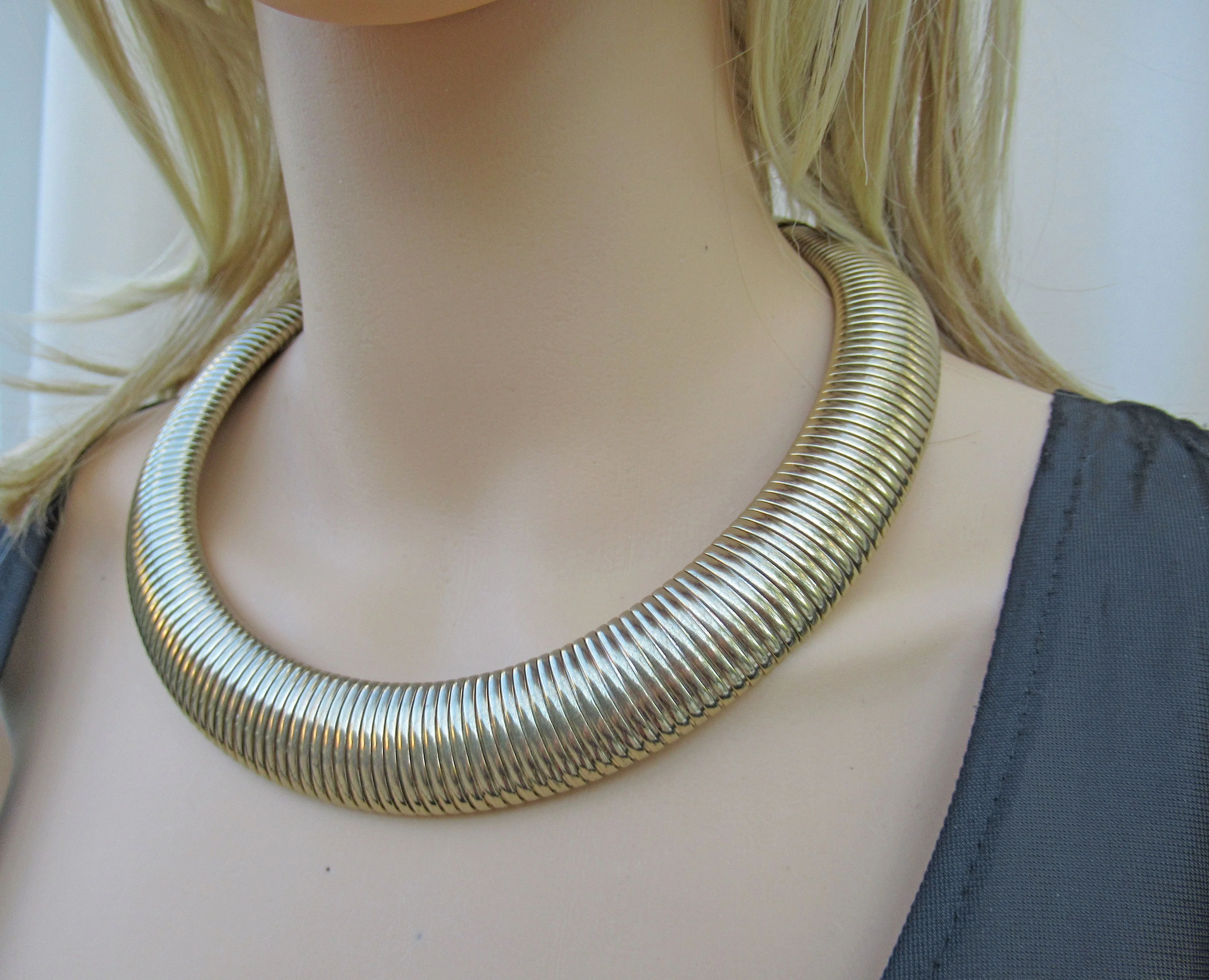 Choker Necklace Gold Tone Metal Wide Fitted Choker Length with Extender Chain and Lobster Claw Clasp a Statement Piece by Graziano - Image 8