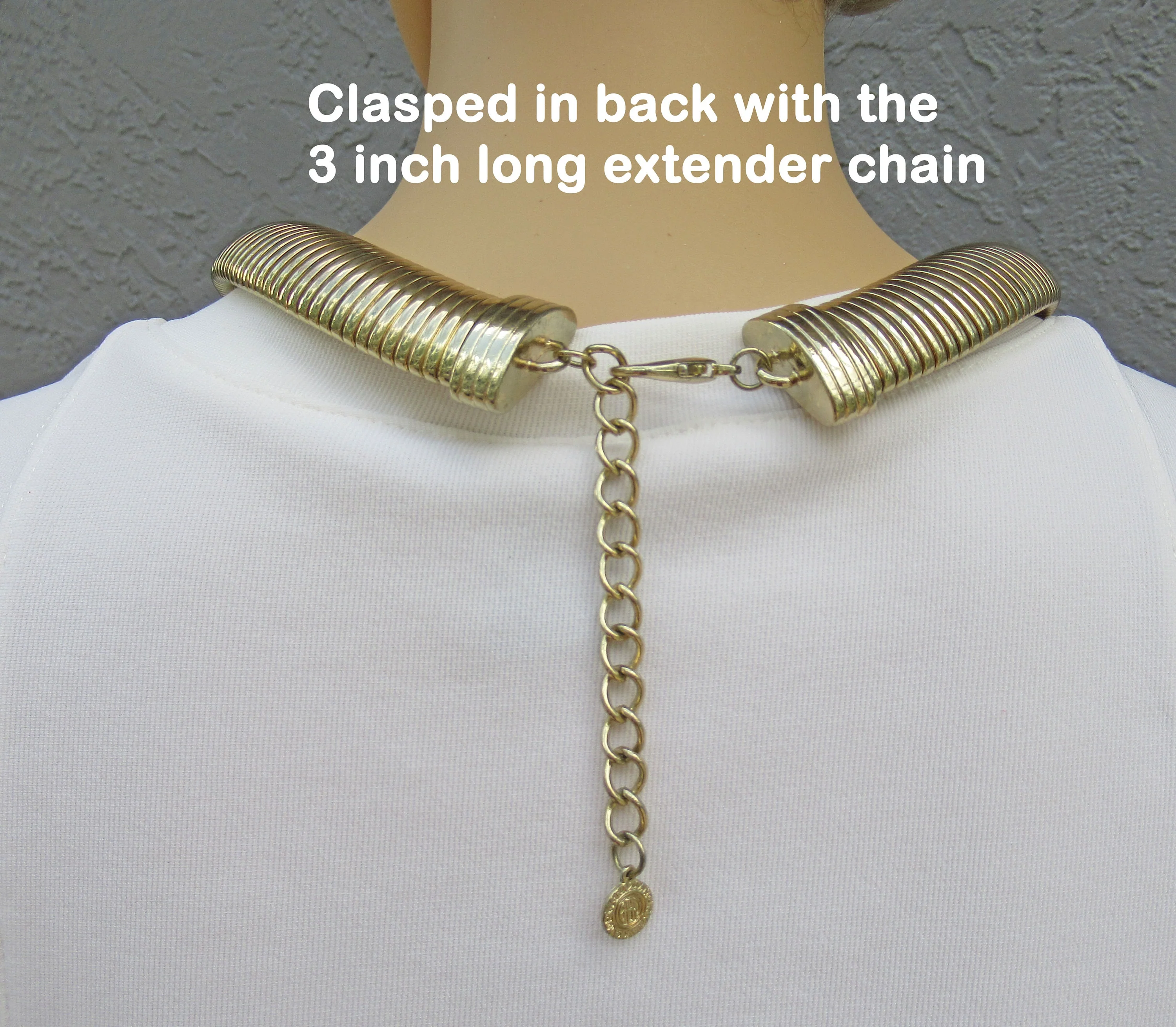 Choker Necklace Gold Tone Metal Wide Fitted Choker Length with Extender Chain and Lobster Claw Clasp a Statement Piece by Graziano - Image 9
